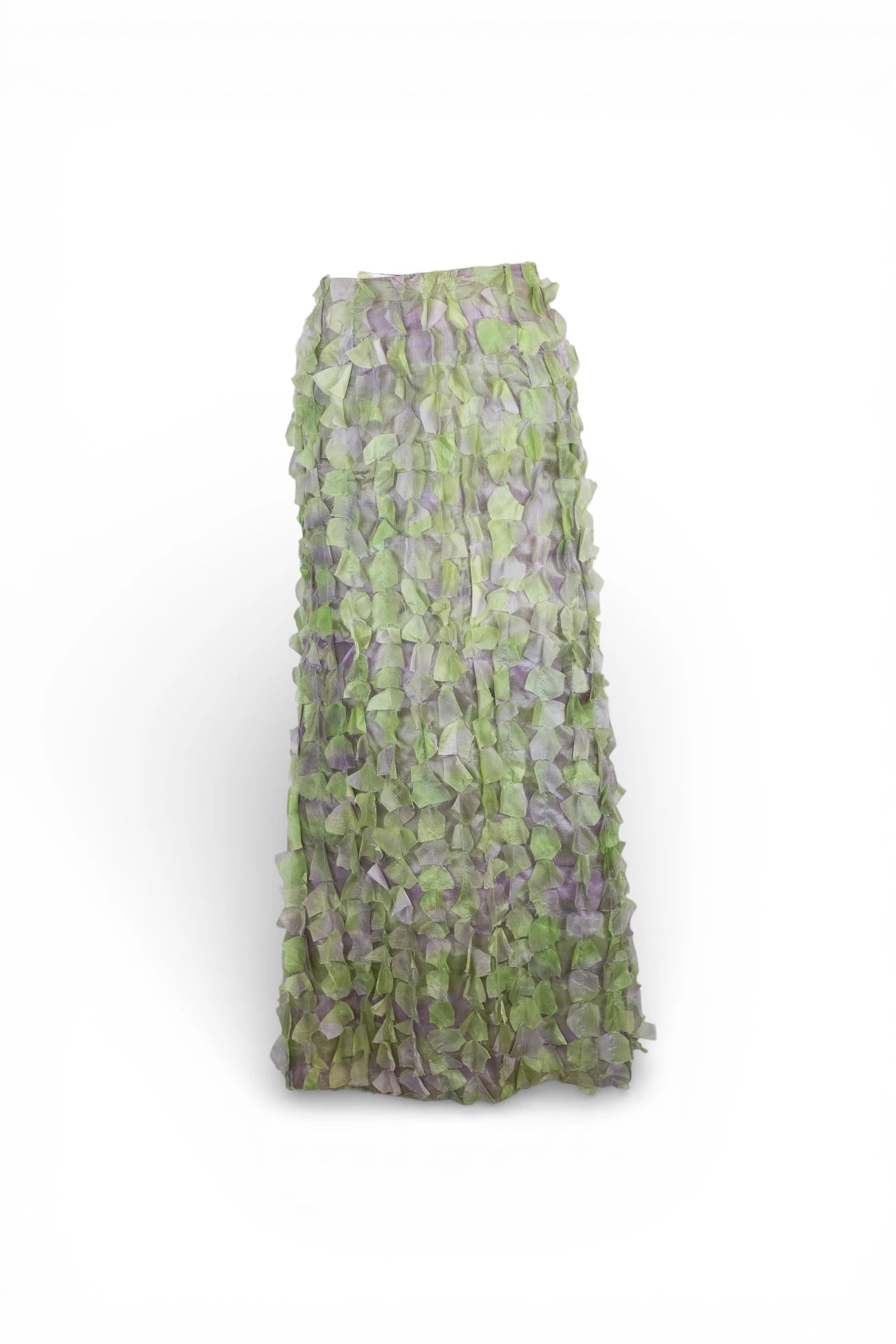 Green and Lavender Silk Skirt with Feather-Like Texture