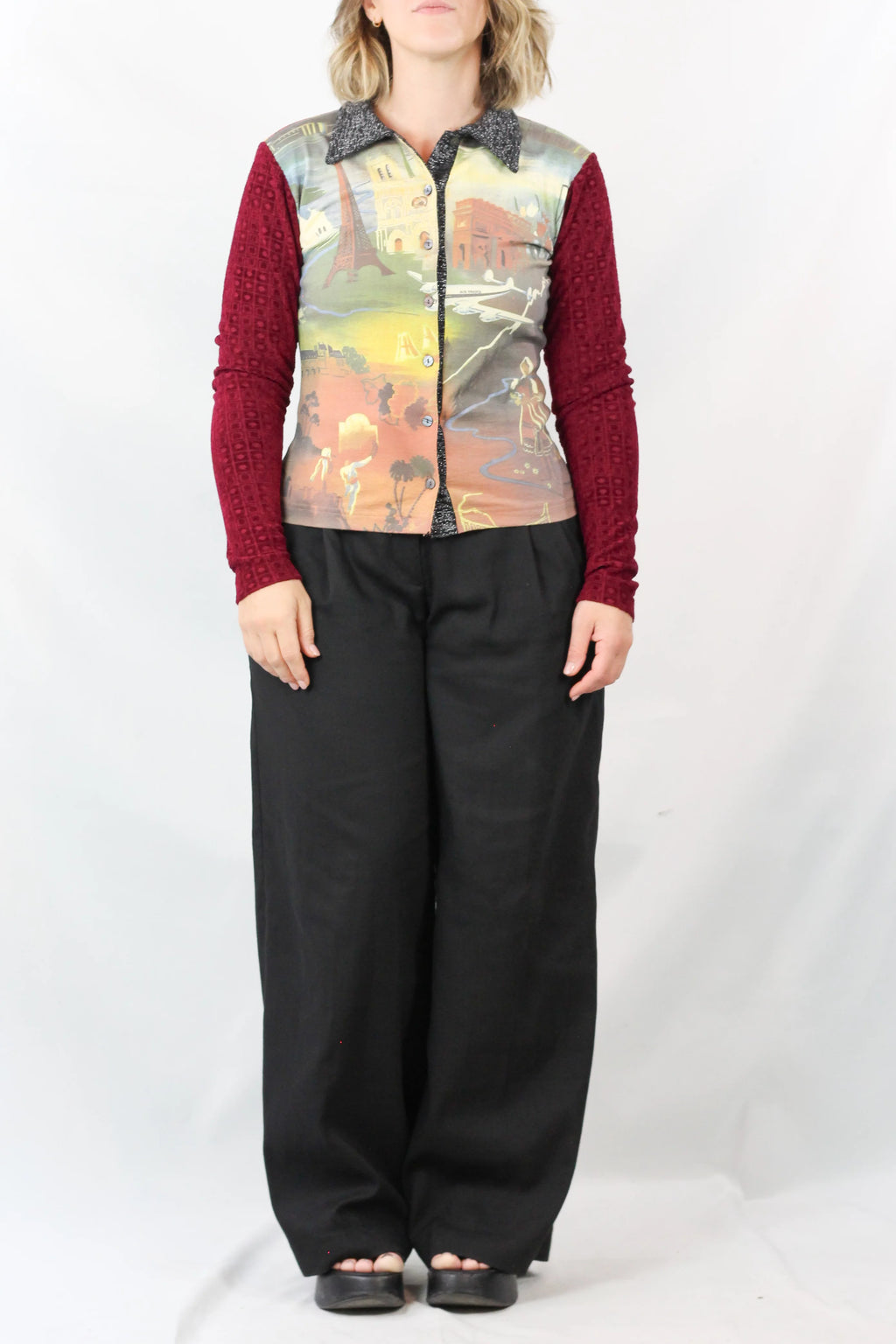 Mixed-Media Scenic Print Button-Up Top