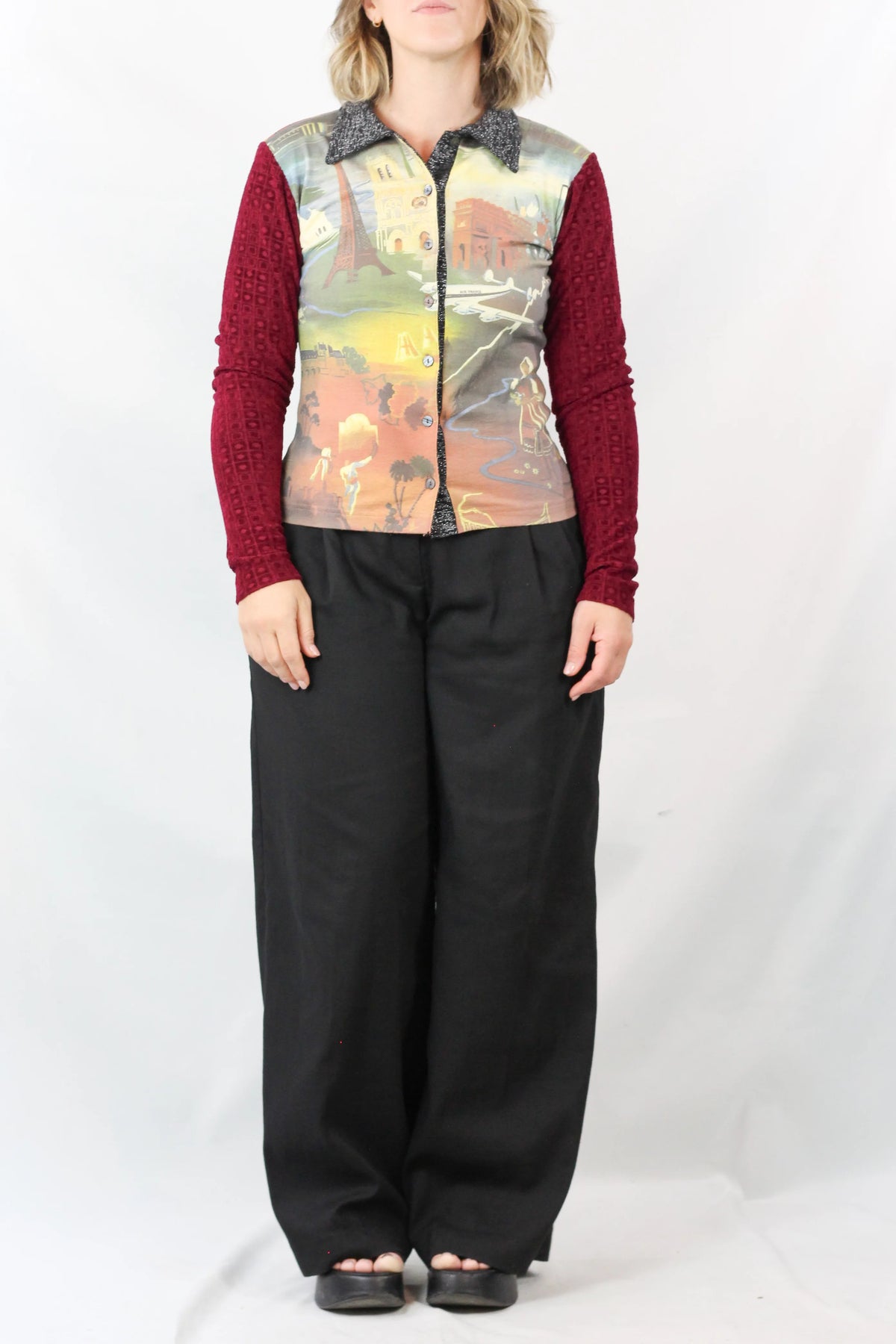 Mixed-Media Scenic Print Button-Up Top