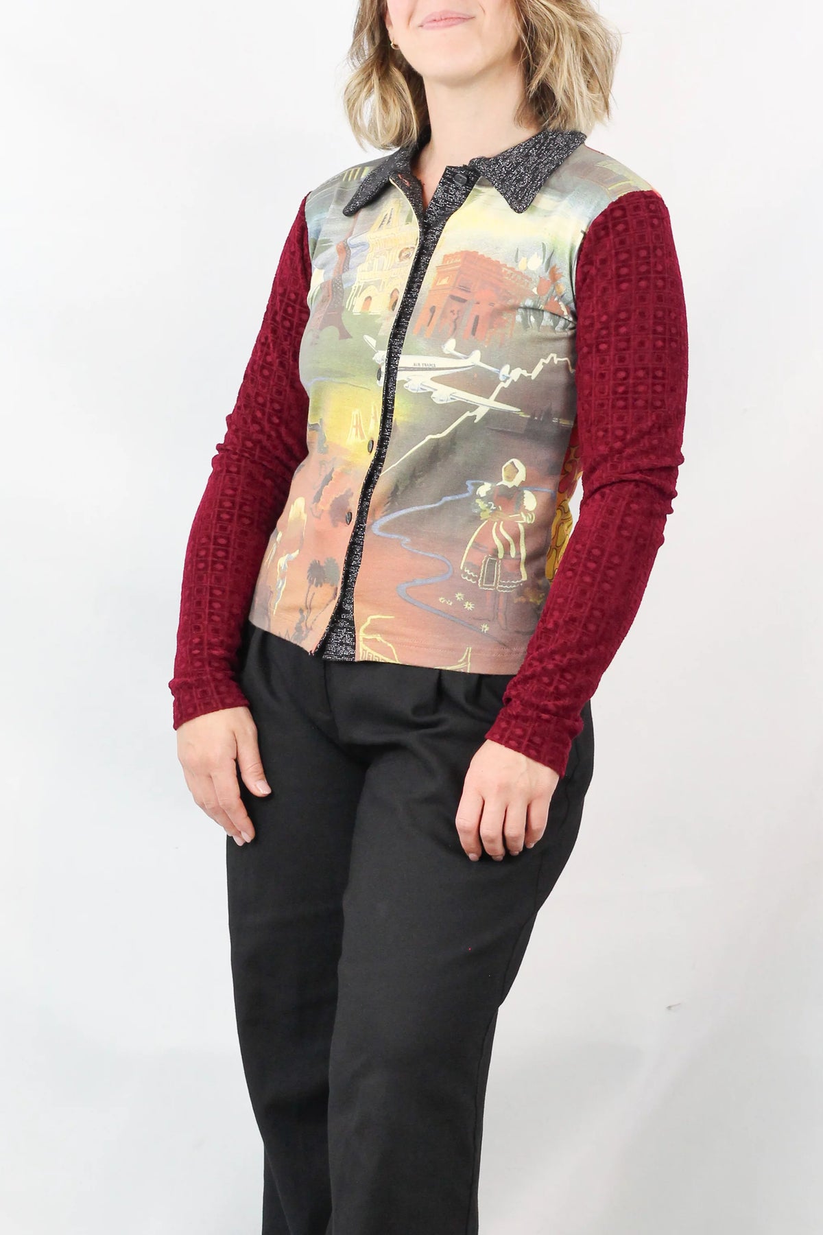 Mixed-Media Scenic Print Button-Up Top
