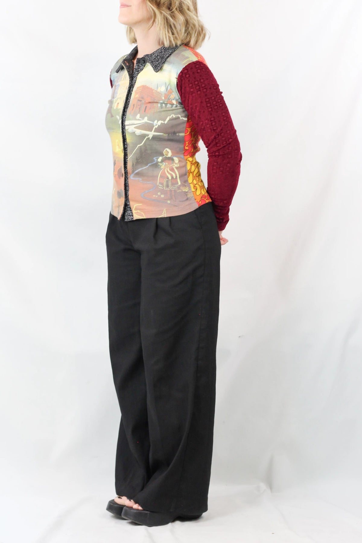 Mixed-Media Scenic Print Button-Up Top