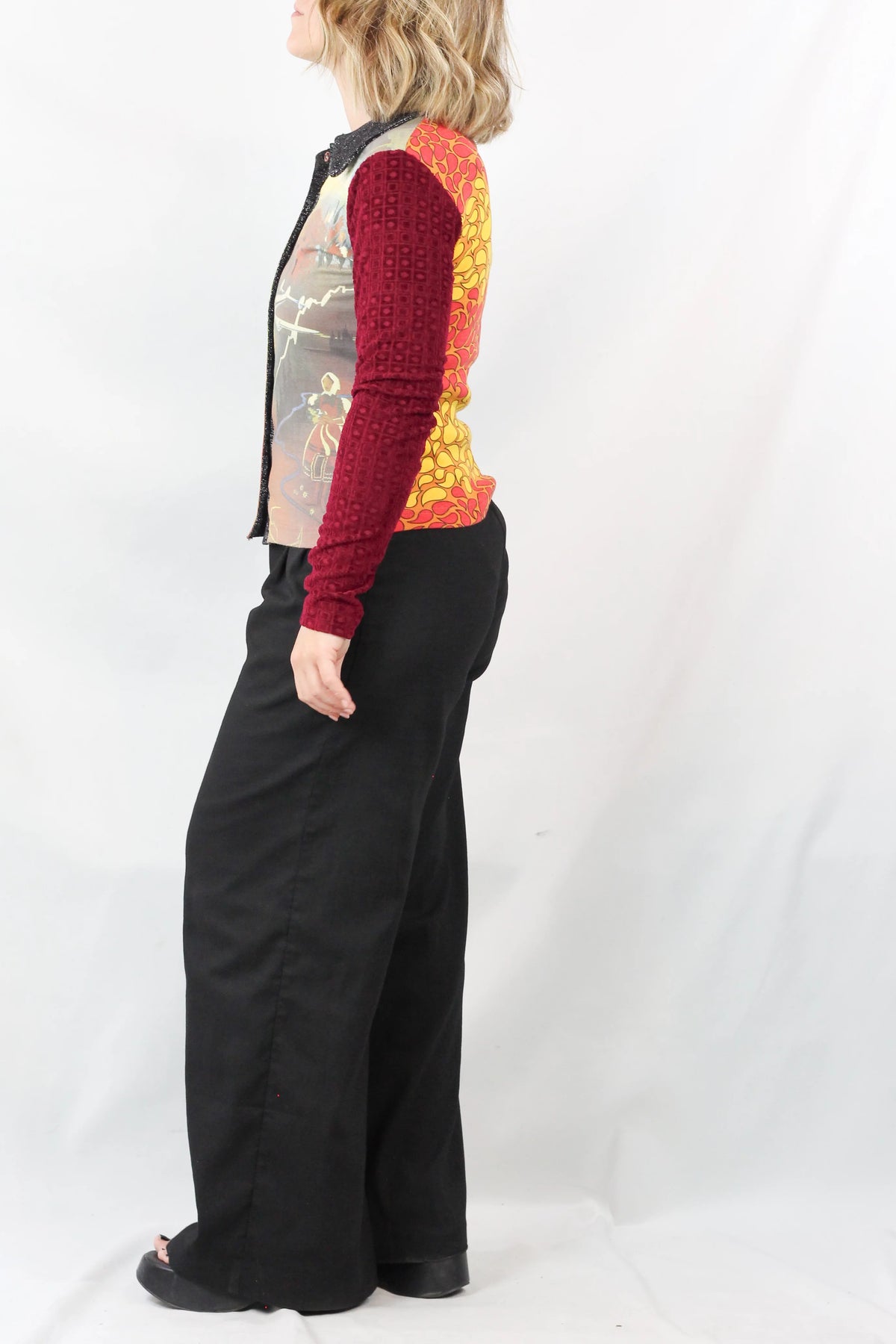 Mixed-Media Scenic Print Button-Up Top