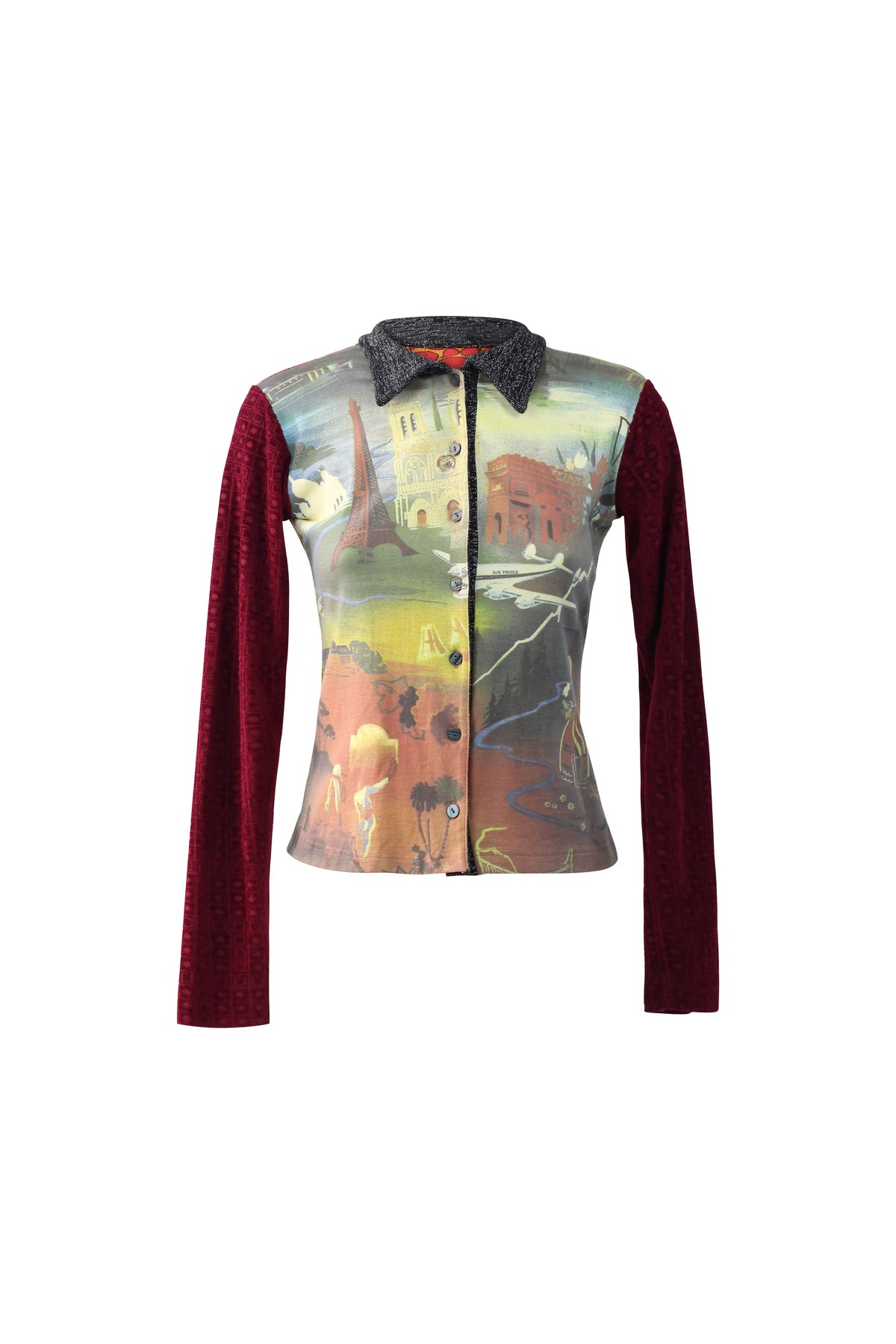 Mixed-Media Scenic Print Button-Up Top
