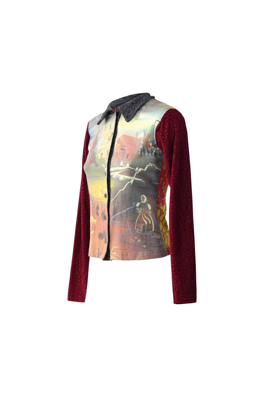 Mixed-Media Scenic Print Button-Up Top