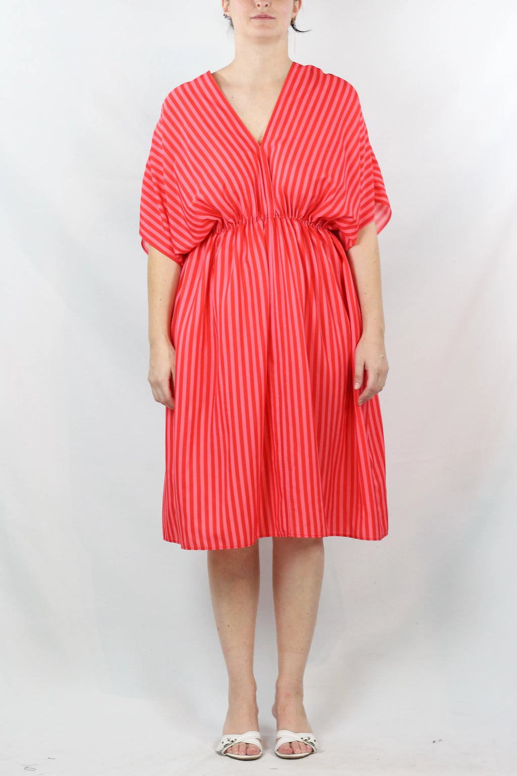 Striped V-Neck Waist-Cinched Midi Dress