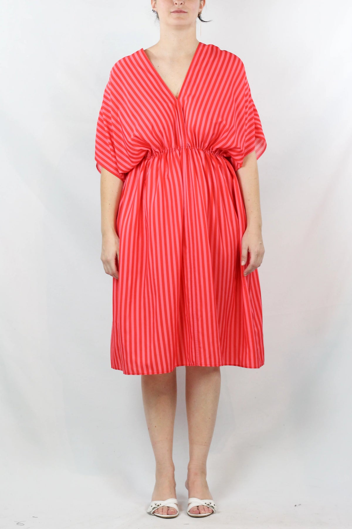 Striped V-Neck Waist-Cinched Midi Dress