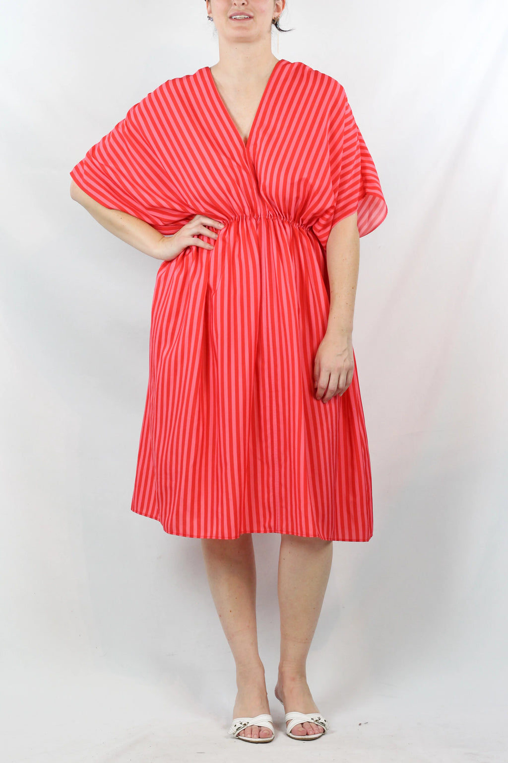 Striped V-Neck Waist-Cinched Midi Dress