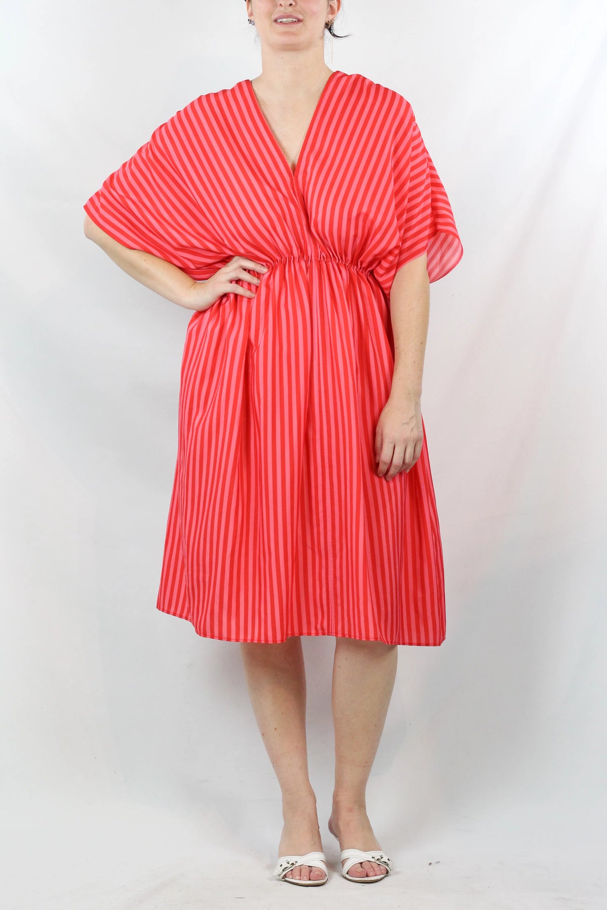 Striped V-Neck Waist-Cinched Midi Dress