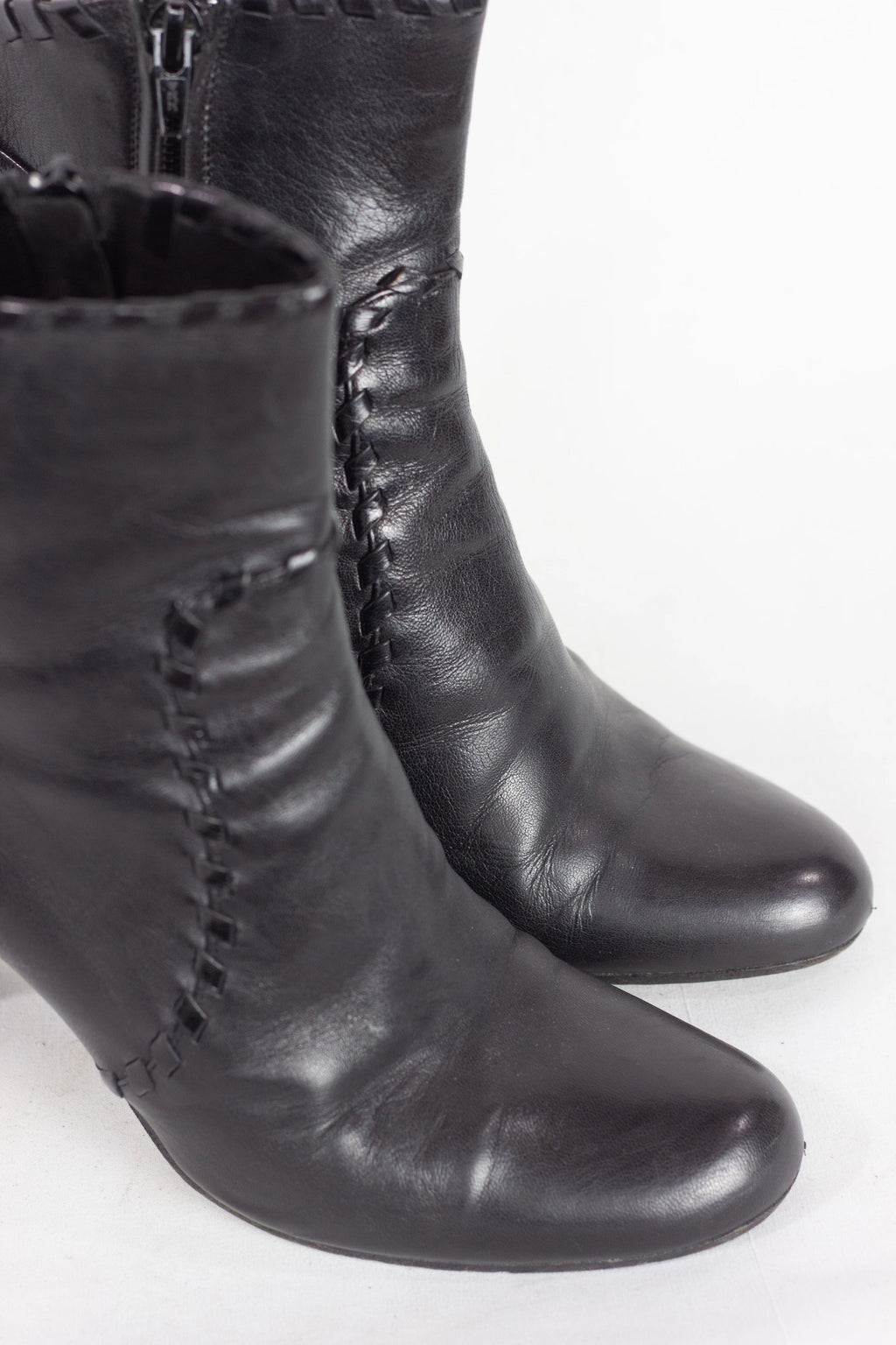 Black Leather Ankle Boots with Decorative Stitching