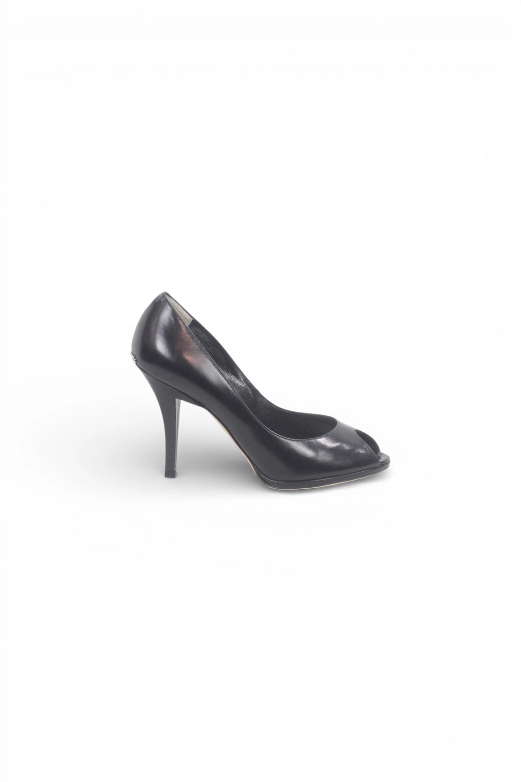 Black Leather Peep Toe Stiletto Heels