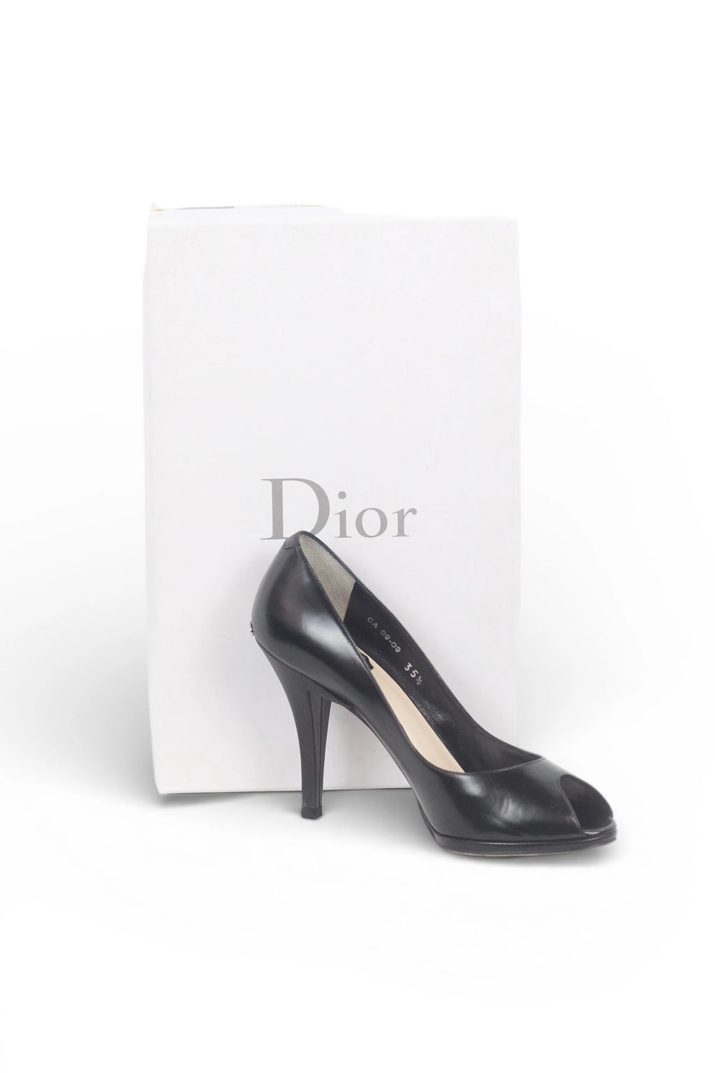Black Leather Peep Toe Stiletto Heels