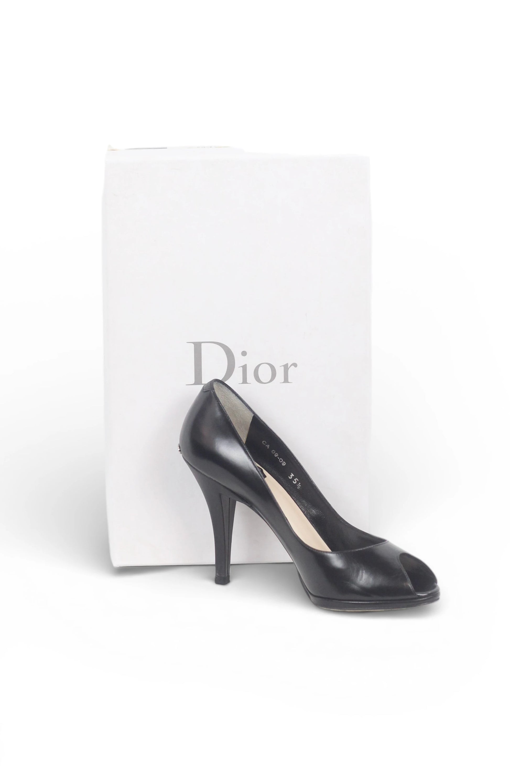 Black Leather Peep Toe Stiletto Heels