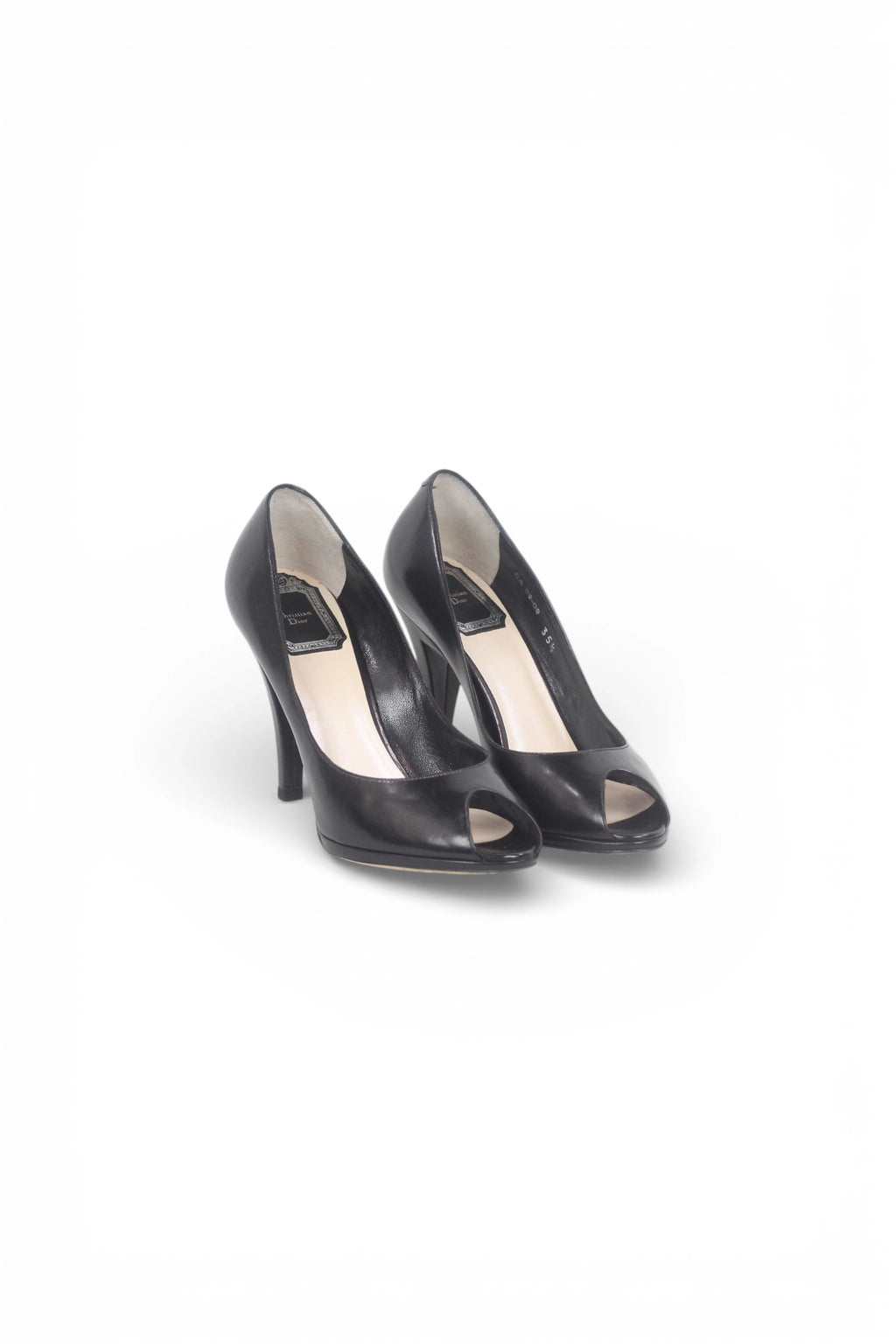 Black Leather Peep Toe Stiletto Heels