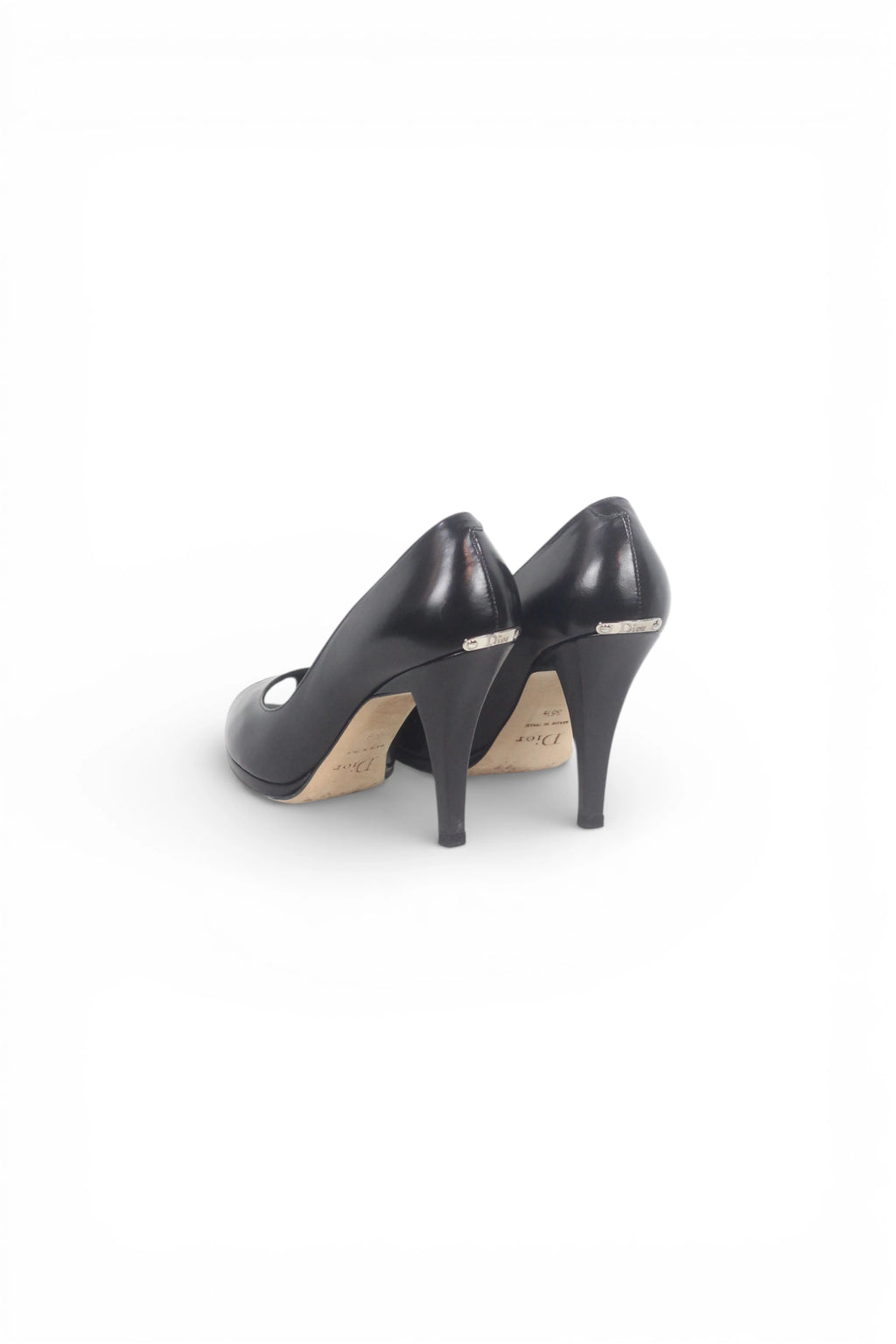 Black Leather Peep Toe Stiletto Heels