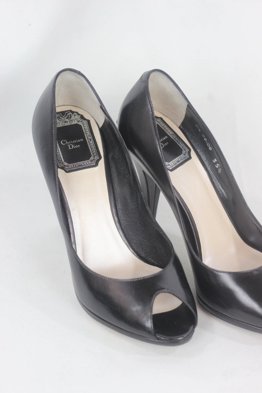 Black Leather Peep Toe Stiletto Heels