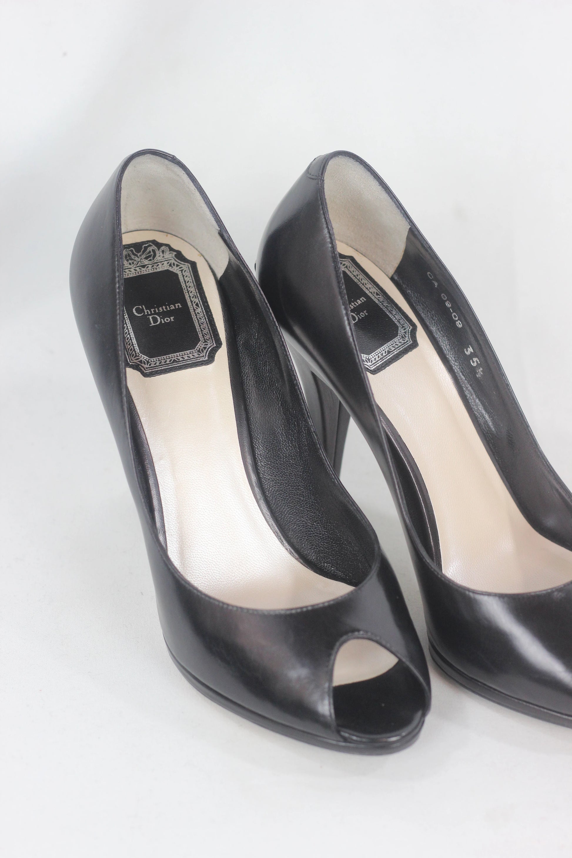 Black Leather Peep Toe Stiletto Heels