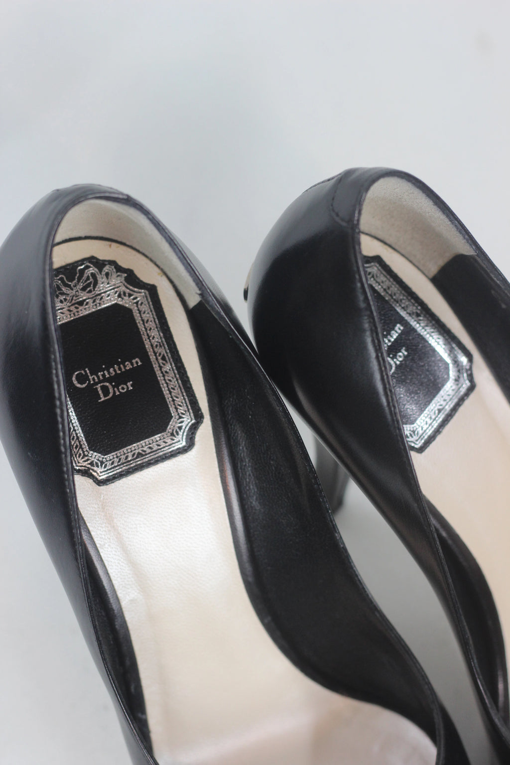 Black Leather Peep Toe Stiletto Heels
