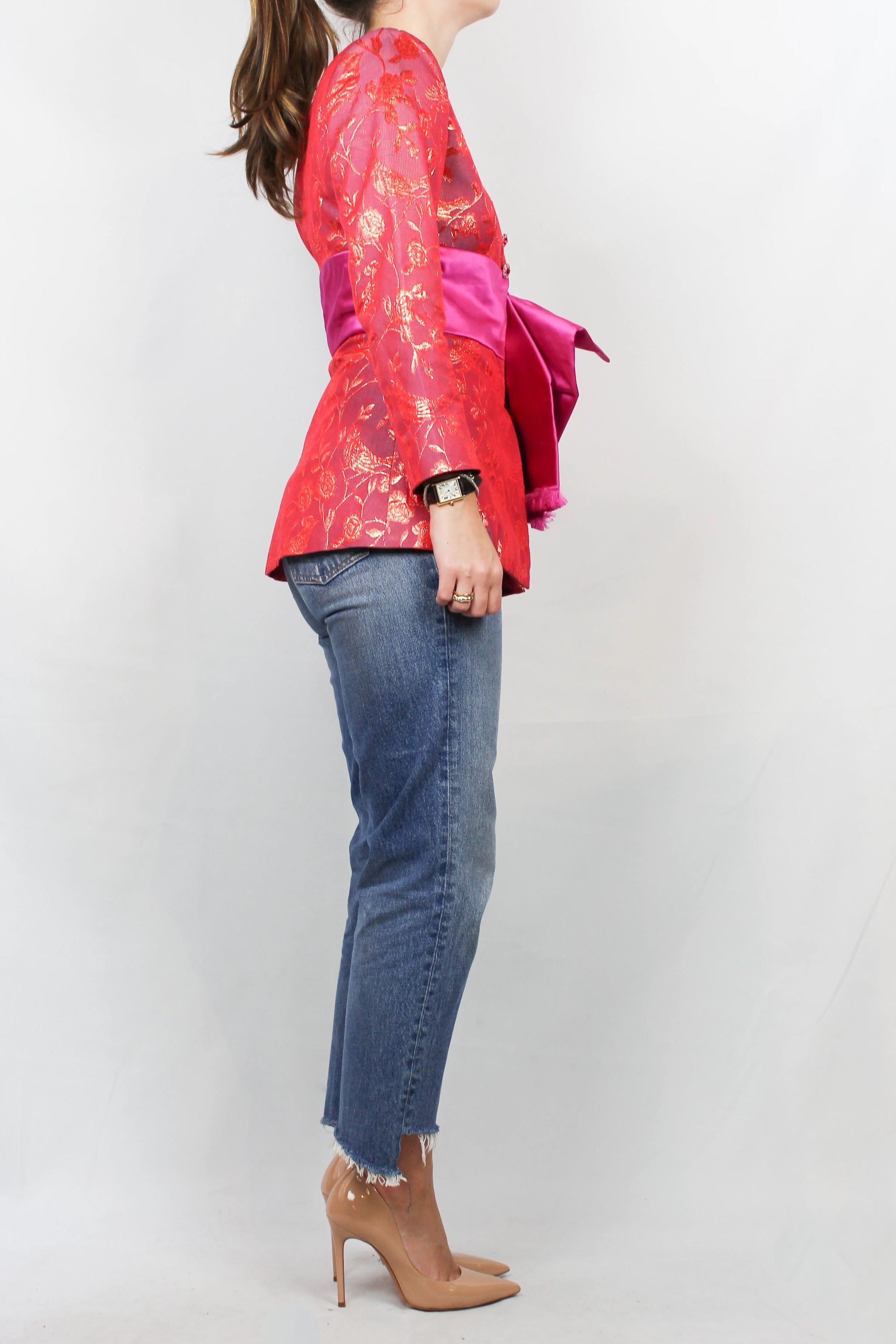 Golden Silk Jacket with Fuchsia Ribbon