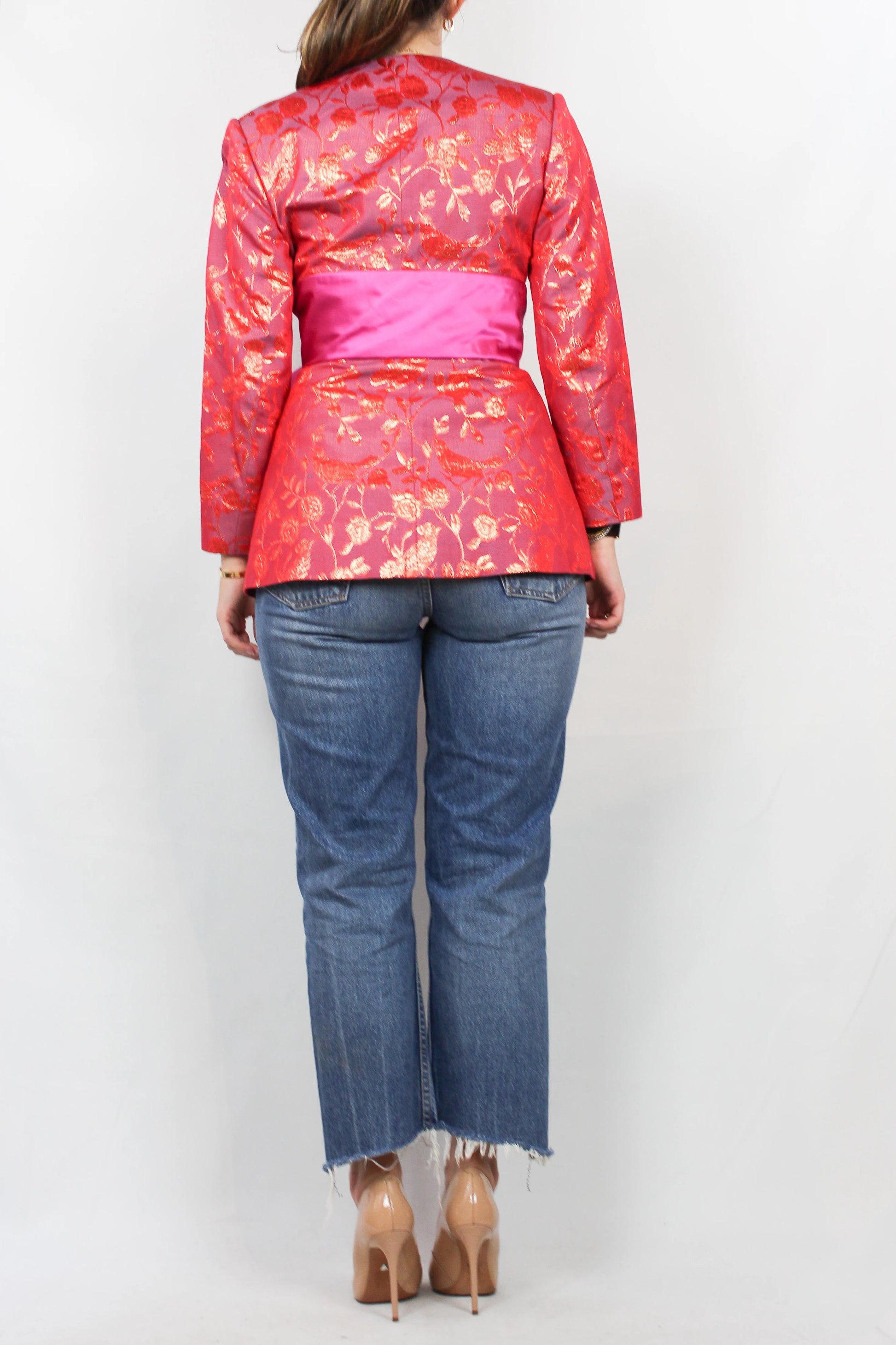 Golden Silk Jacket with Fuchsia Ribbon