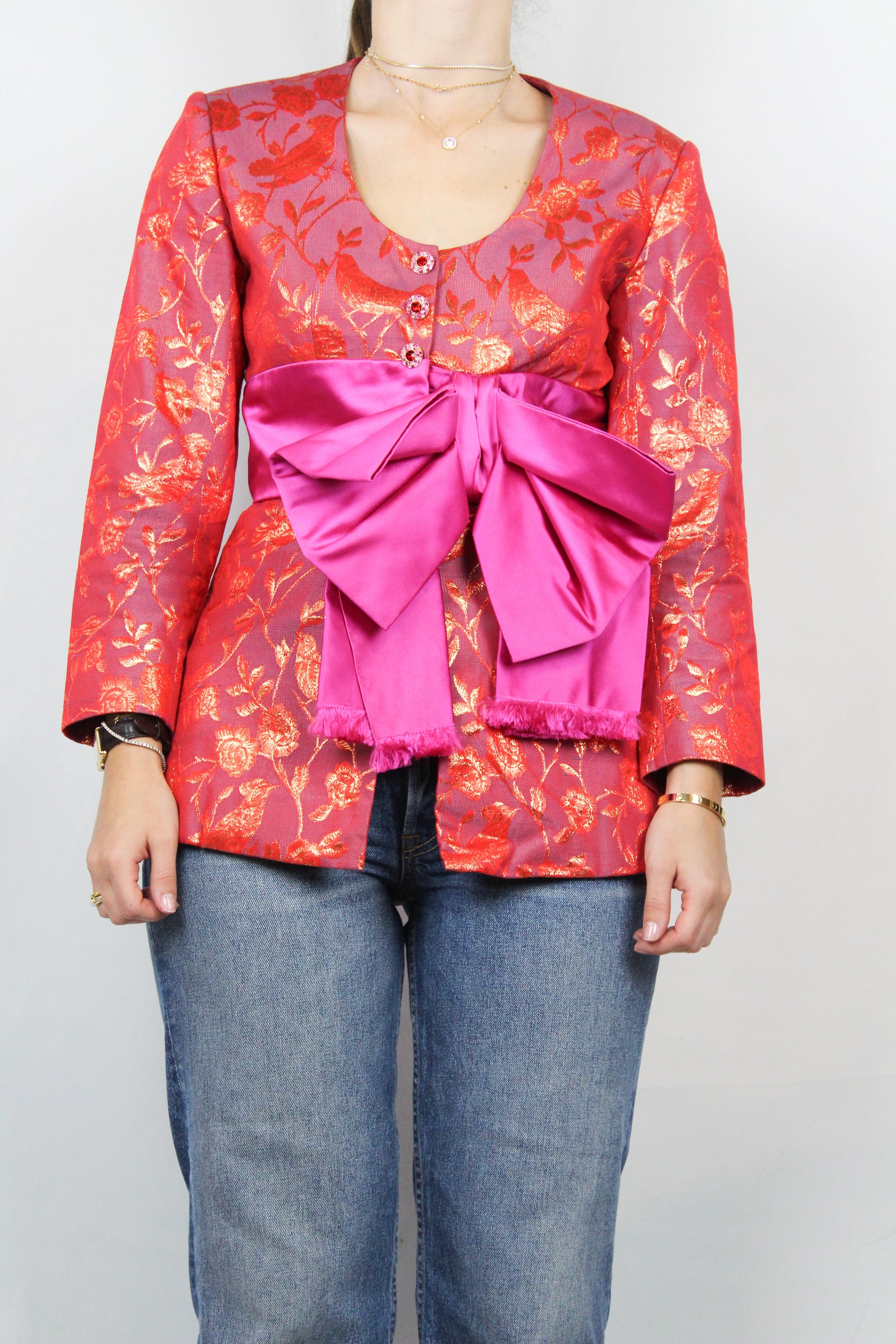 Golden Silk Jacket with Fuchsia Ribbon