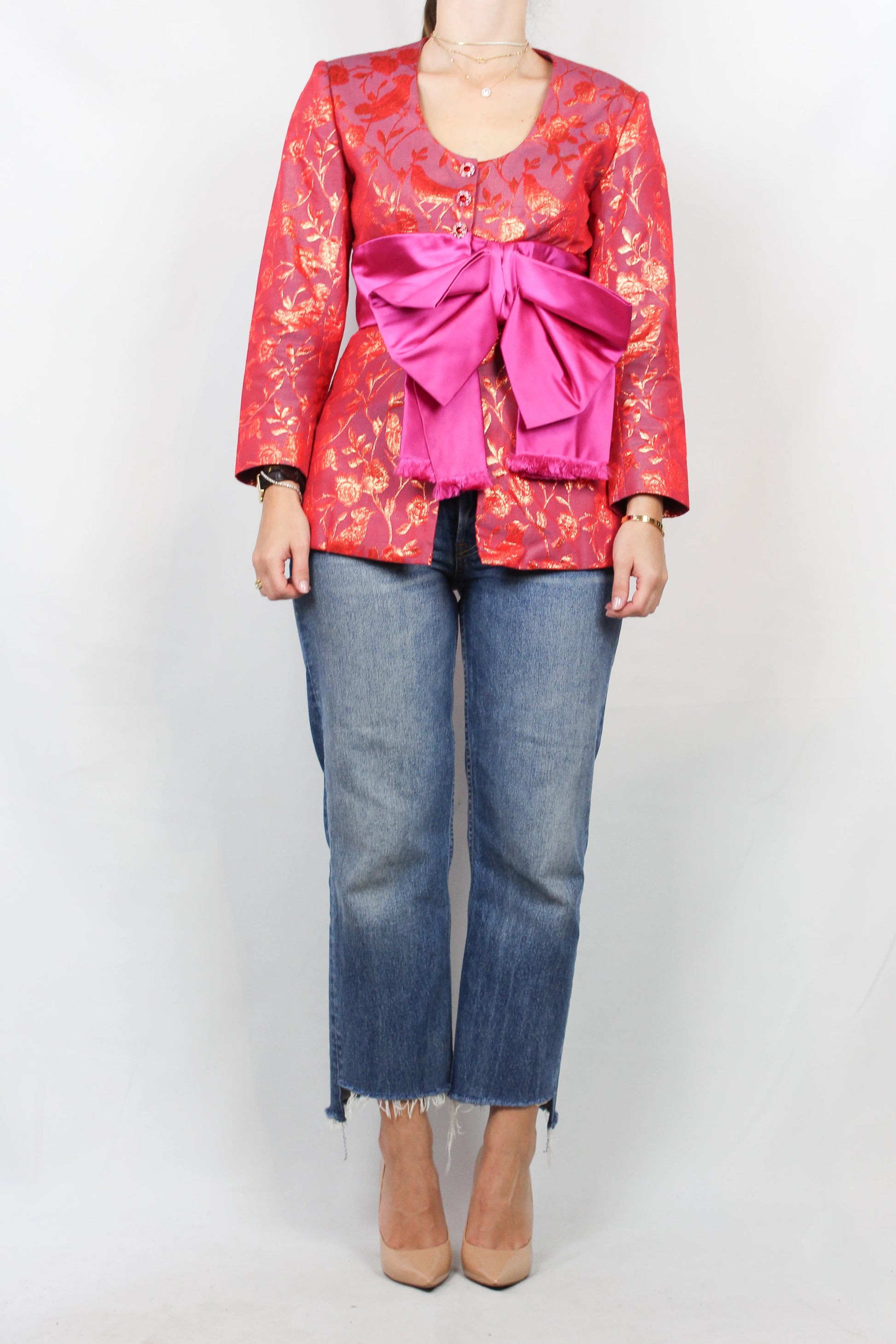 Golden Silk Jacket with Fuchsia Ribbon