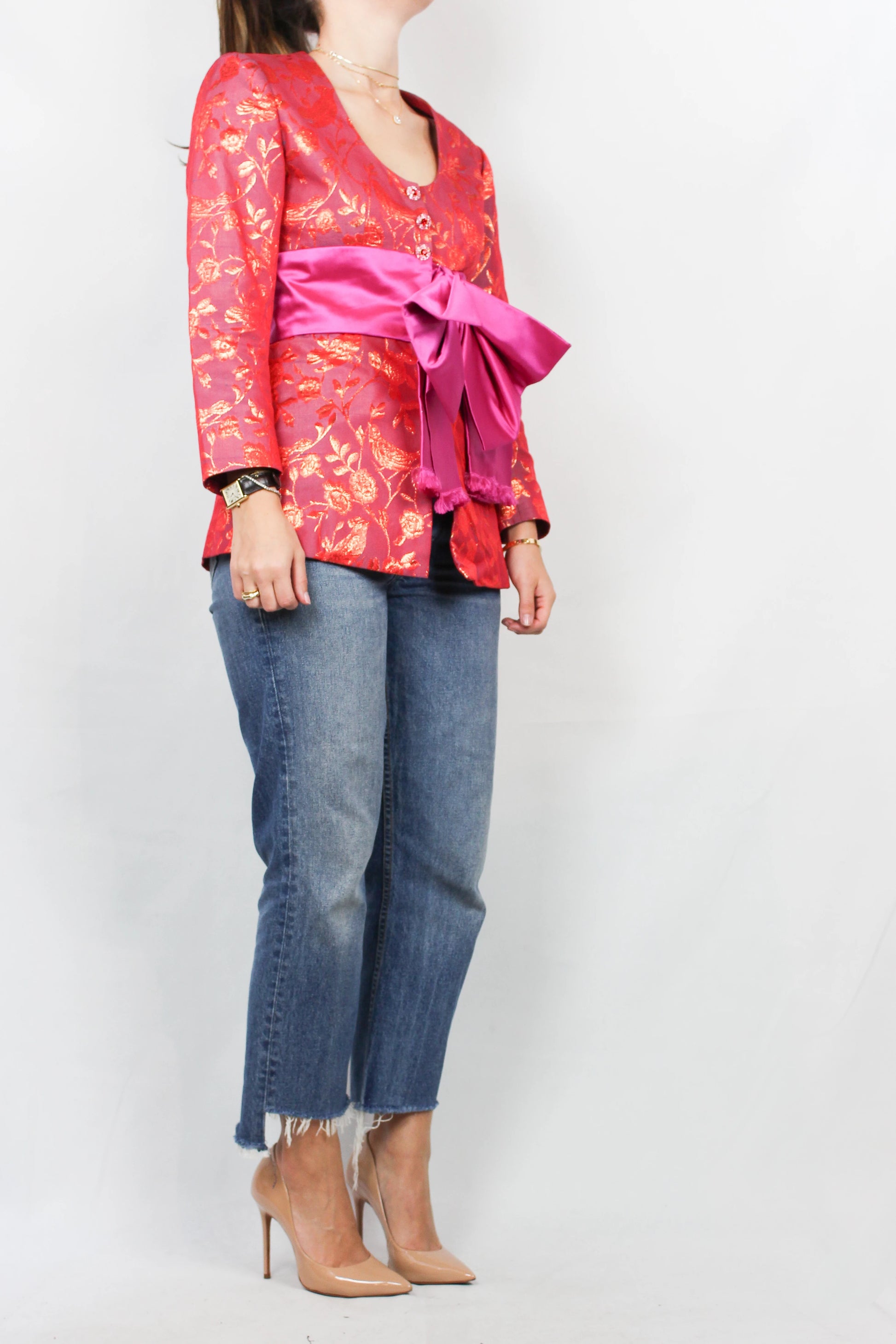 Golden Silk Jacket with Fuchsia Ribbon