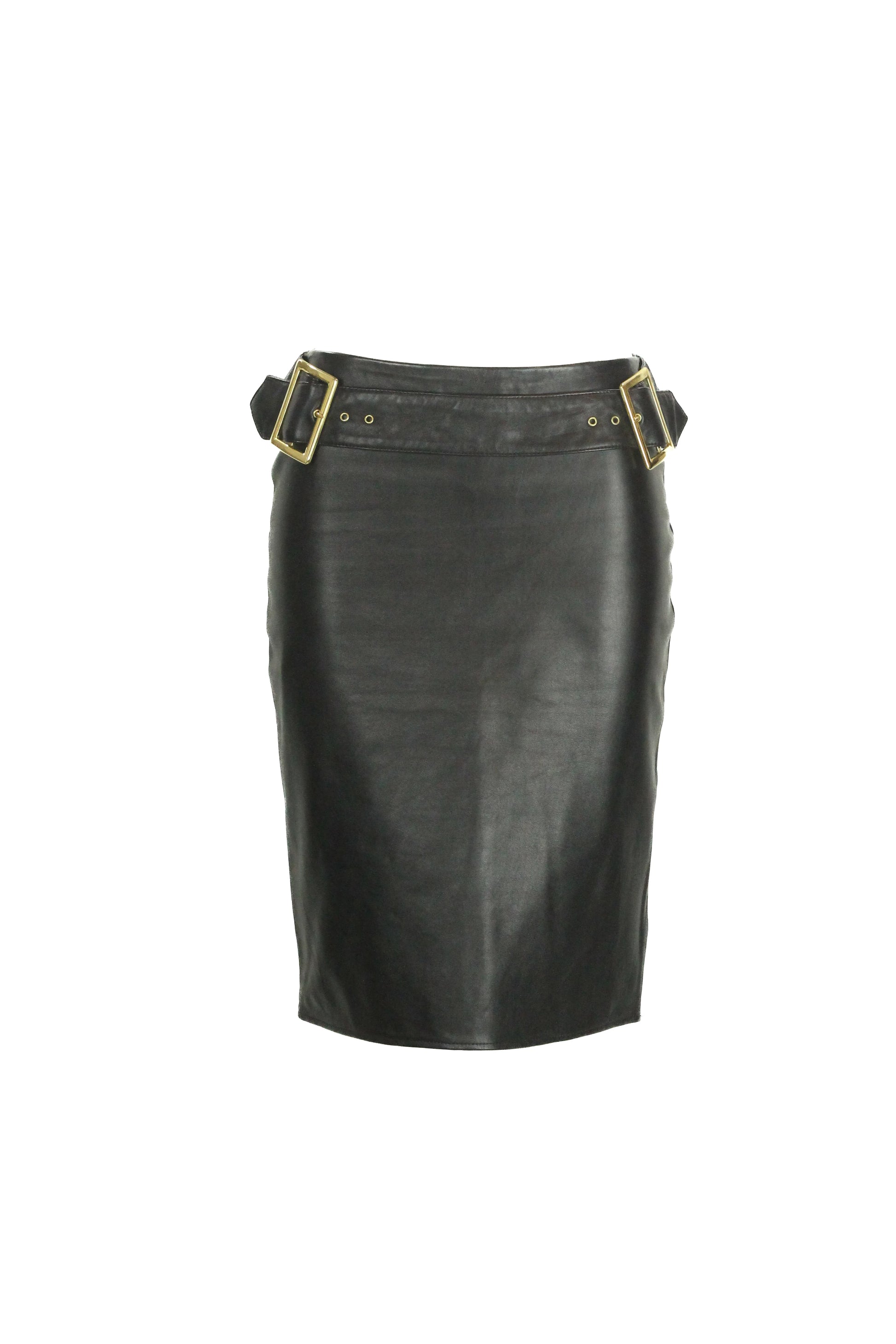 Leather midi skirt with golden side buckles FW2001