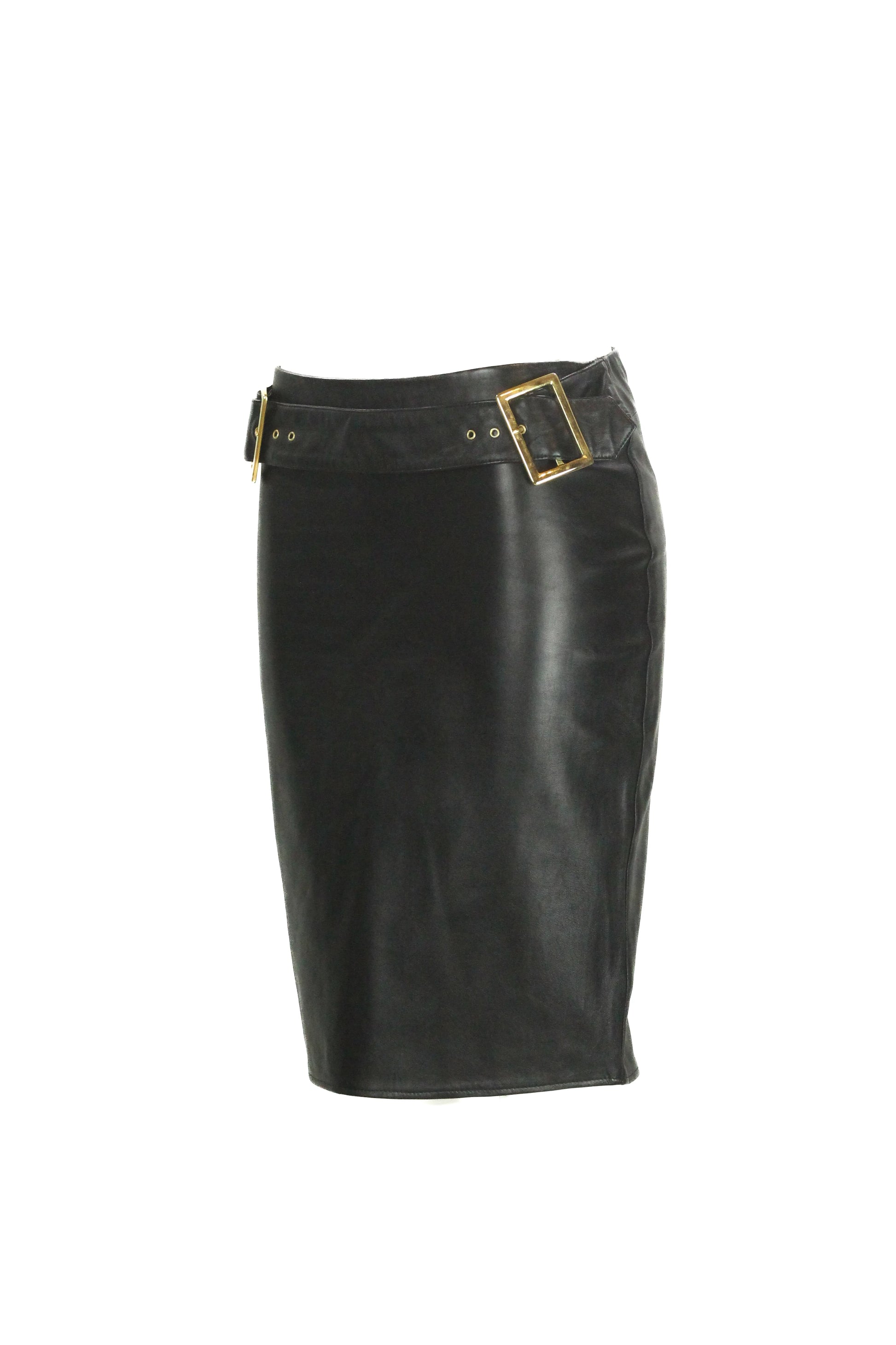 Leather midi skirt with golden side buckles FW2001