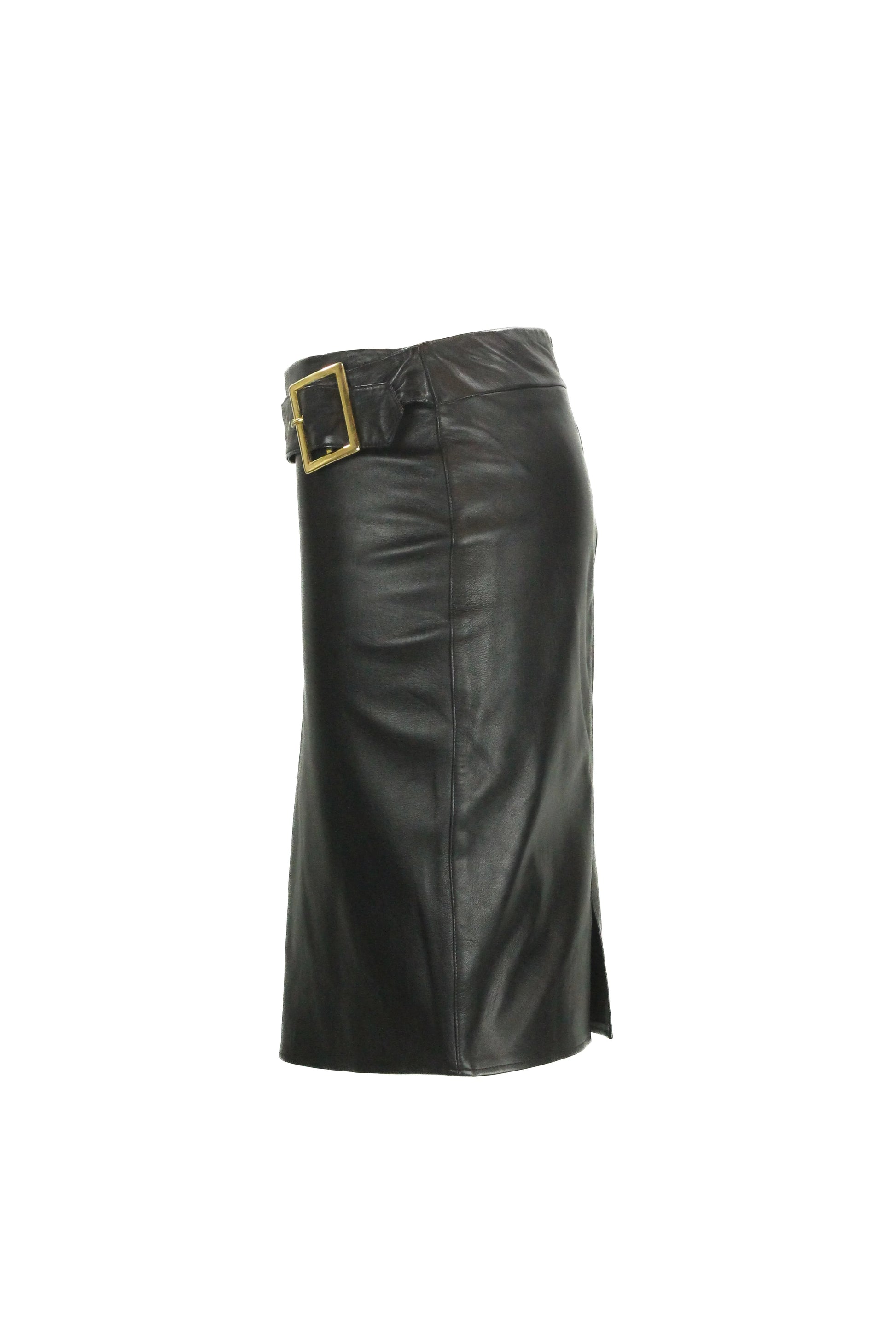 Leather midi skirt with golden side buckles FW2001