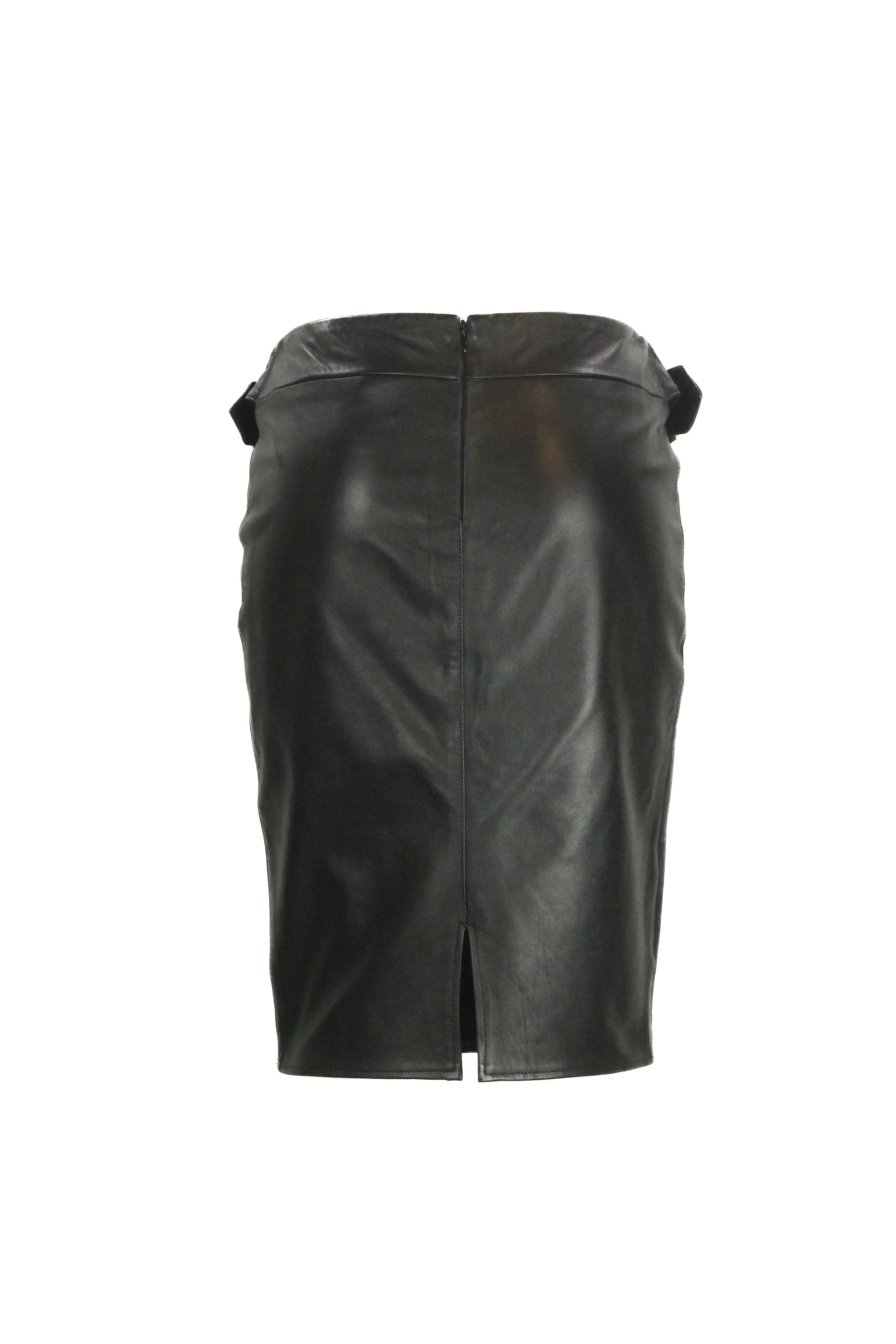 Leather midi skirt with golden side buckles FW2001