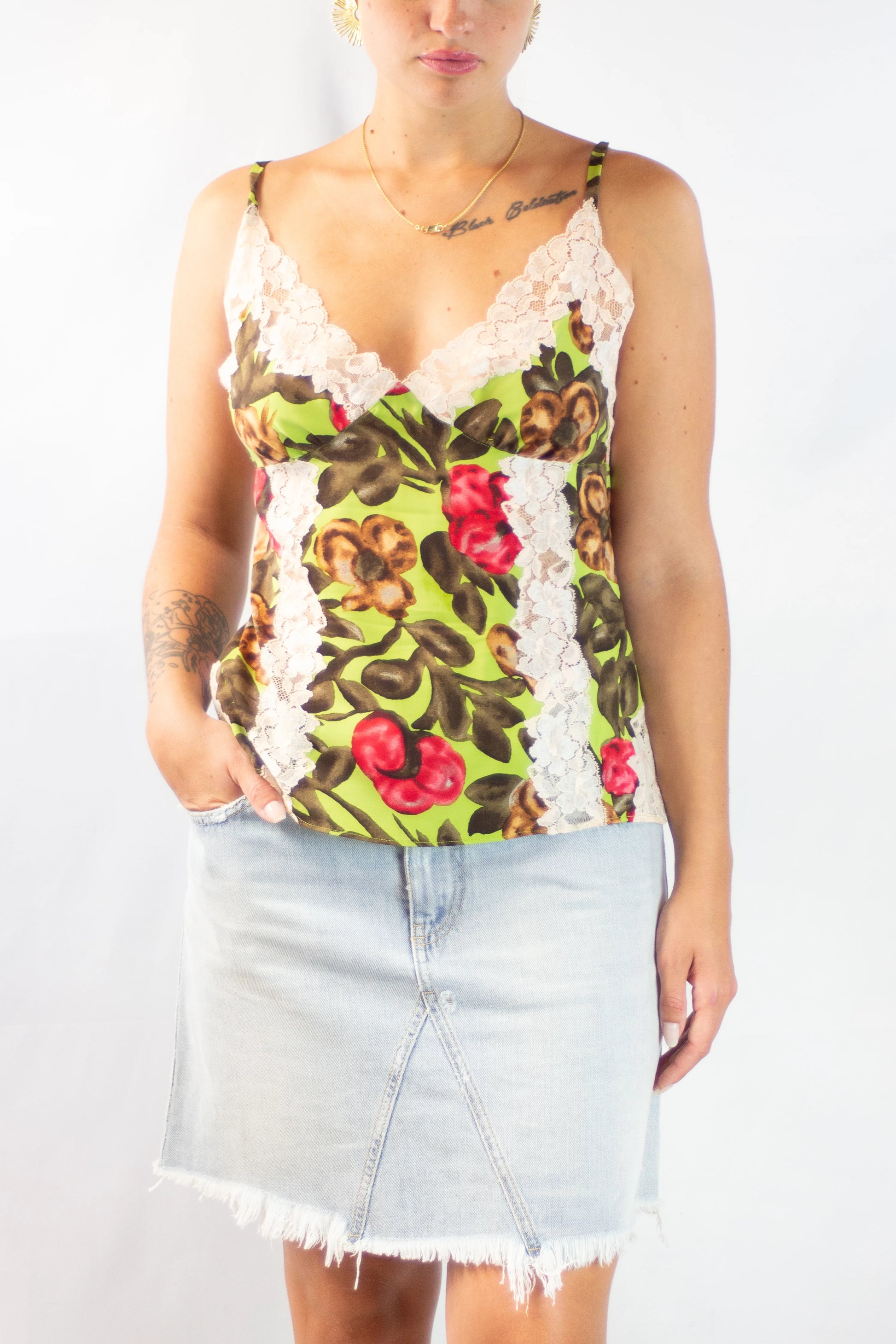 Silk Floral Top with Lace Inserts
