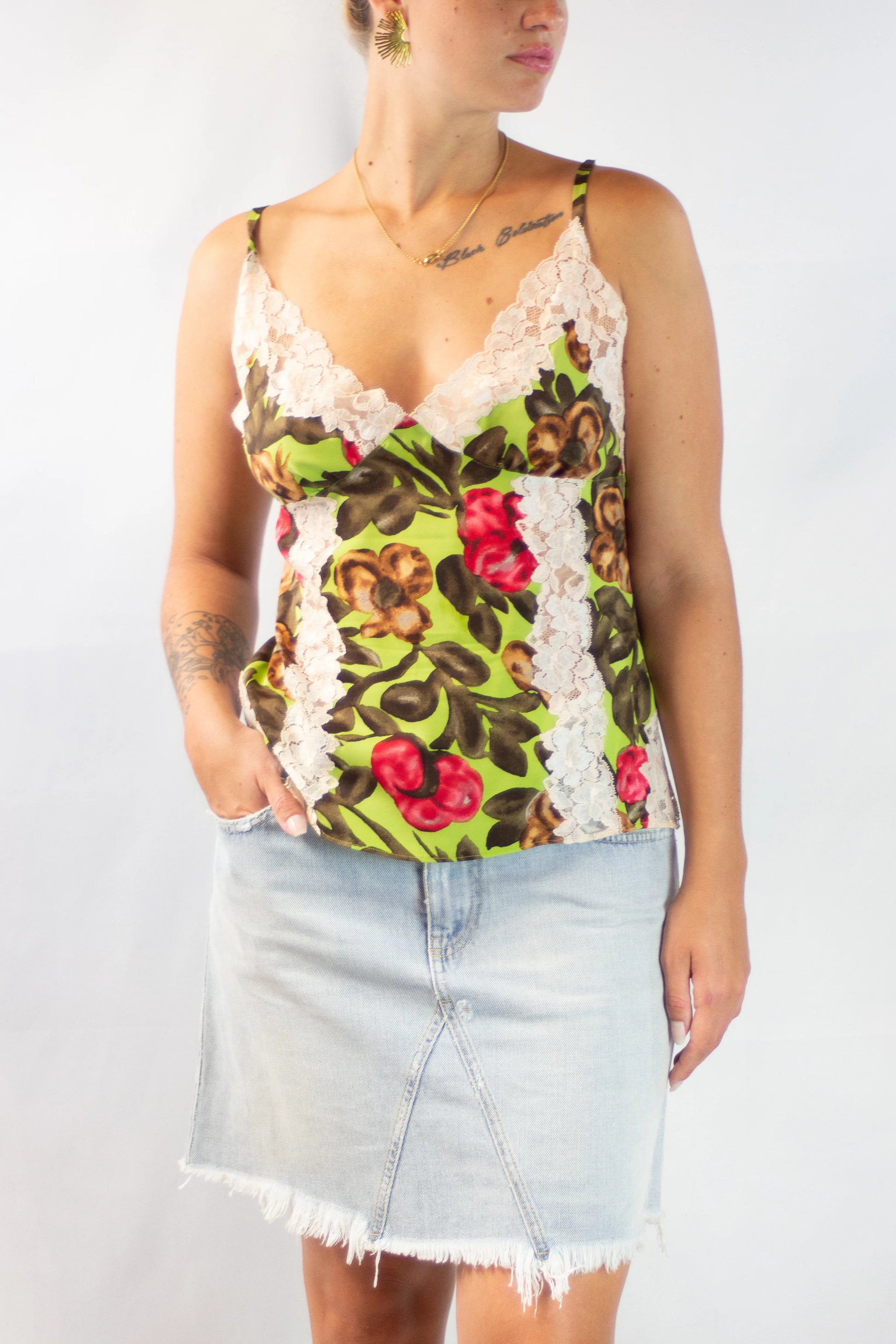 Silk Floral Top with Lace Inserts