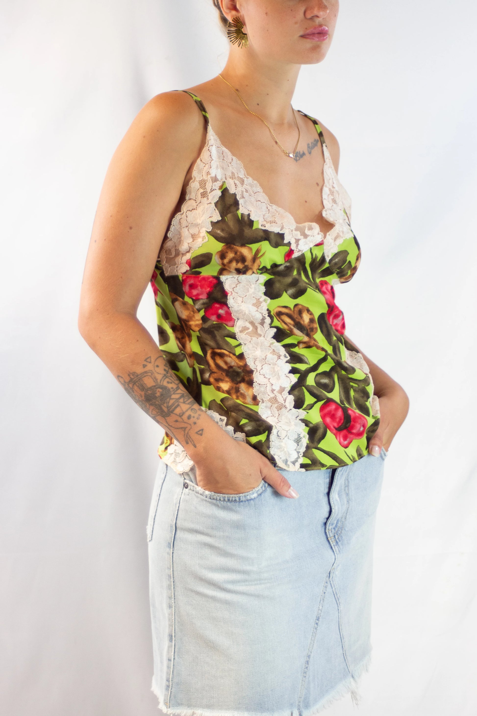 Silk Floral Top with Lace Inserts