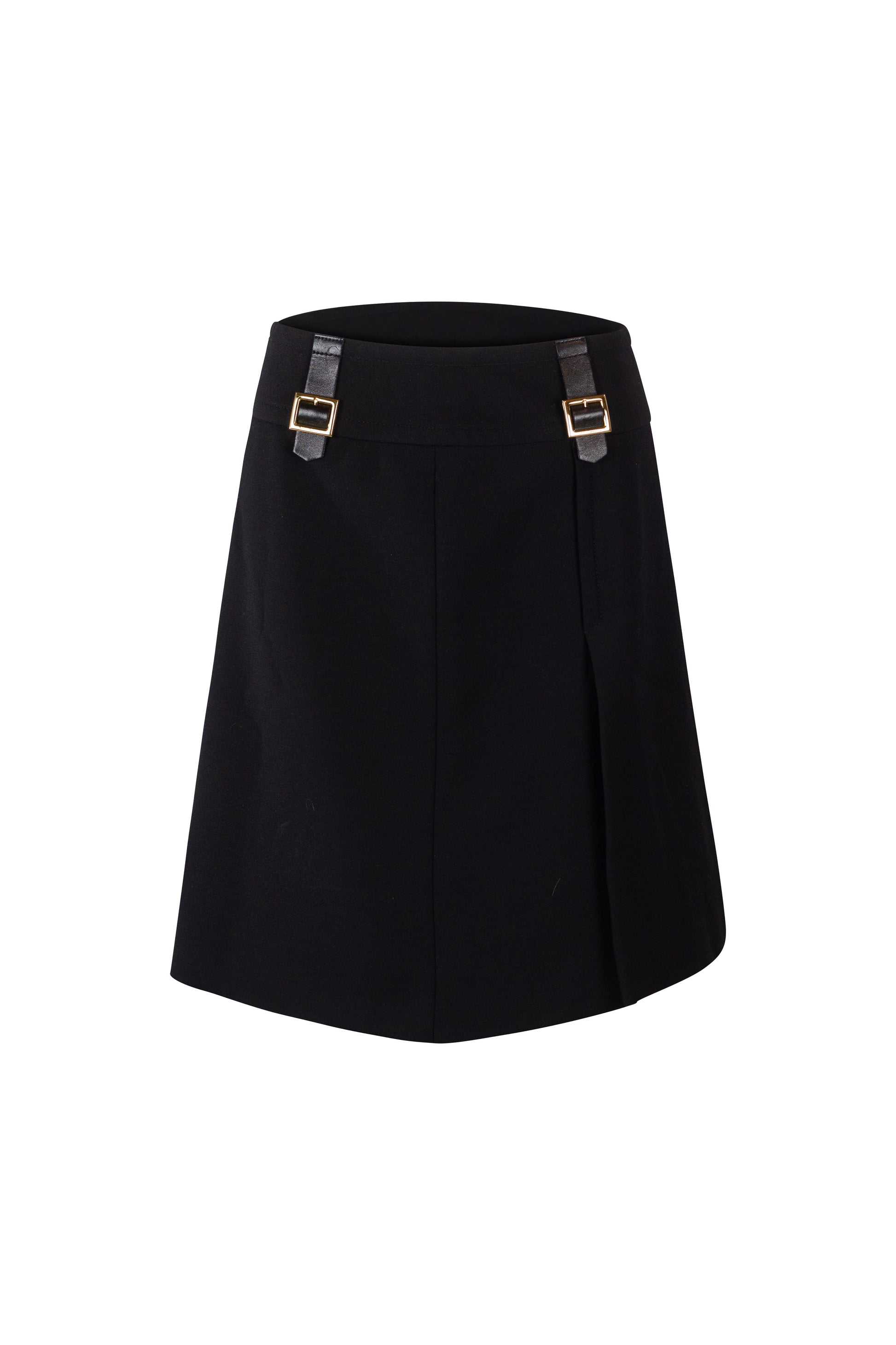 Black Wool A-Line Midi Skirt with Gold Buckle Detail