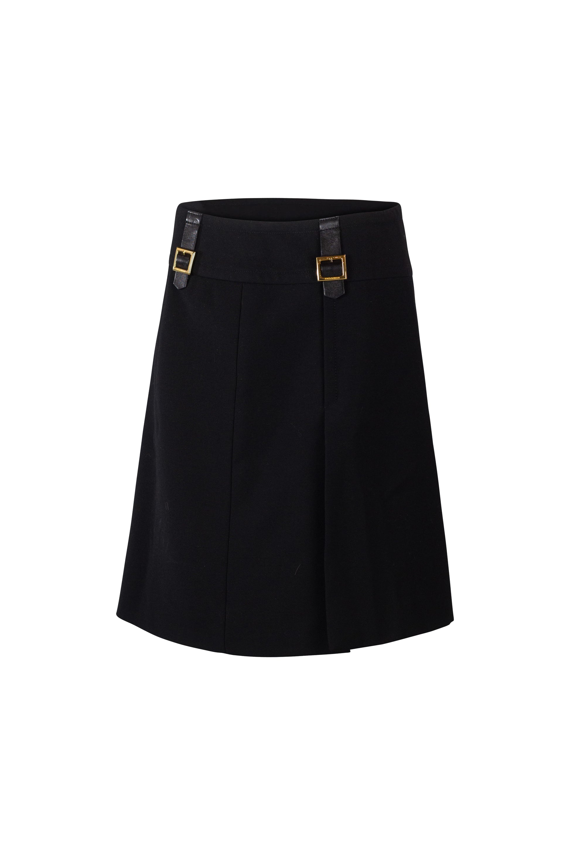 Black Wool A-Line Midi Skirt with Gold Buckle Detail