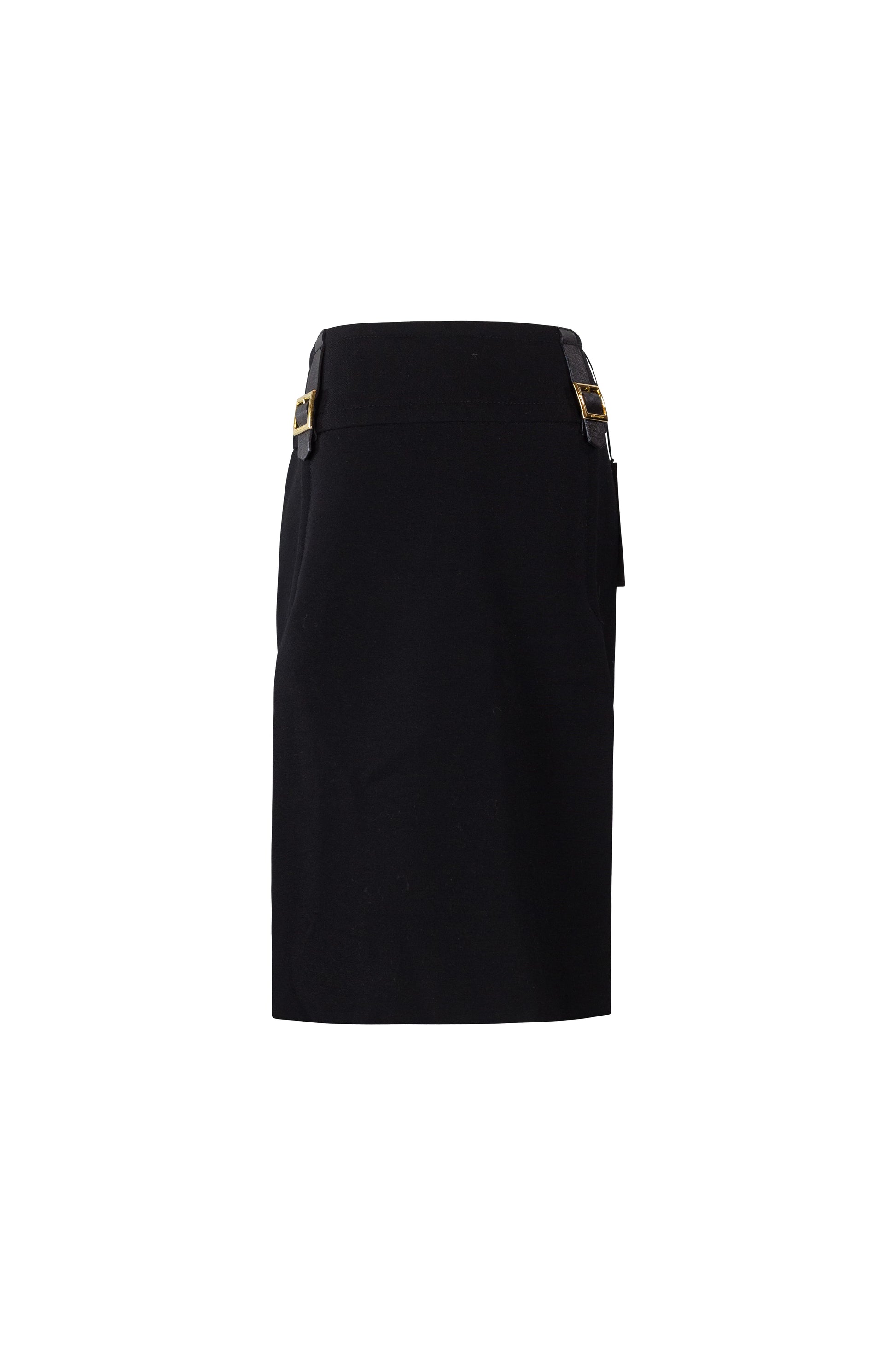 Black Wool A-Line Midi Skirt with Gold Buckle Detail