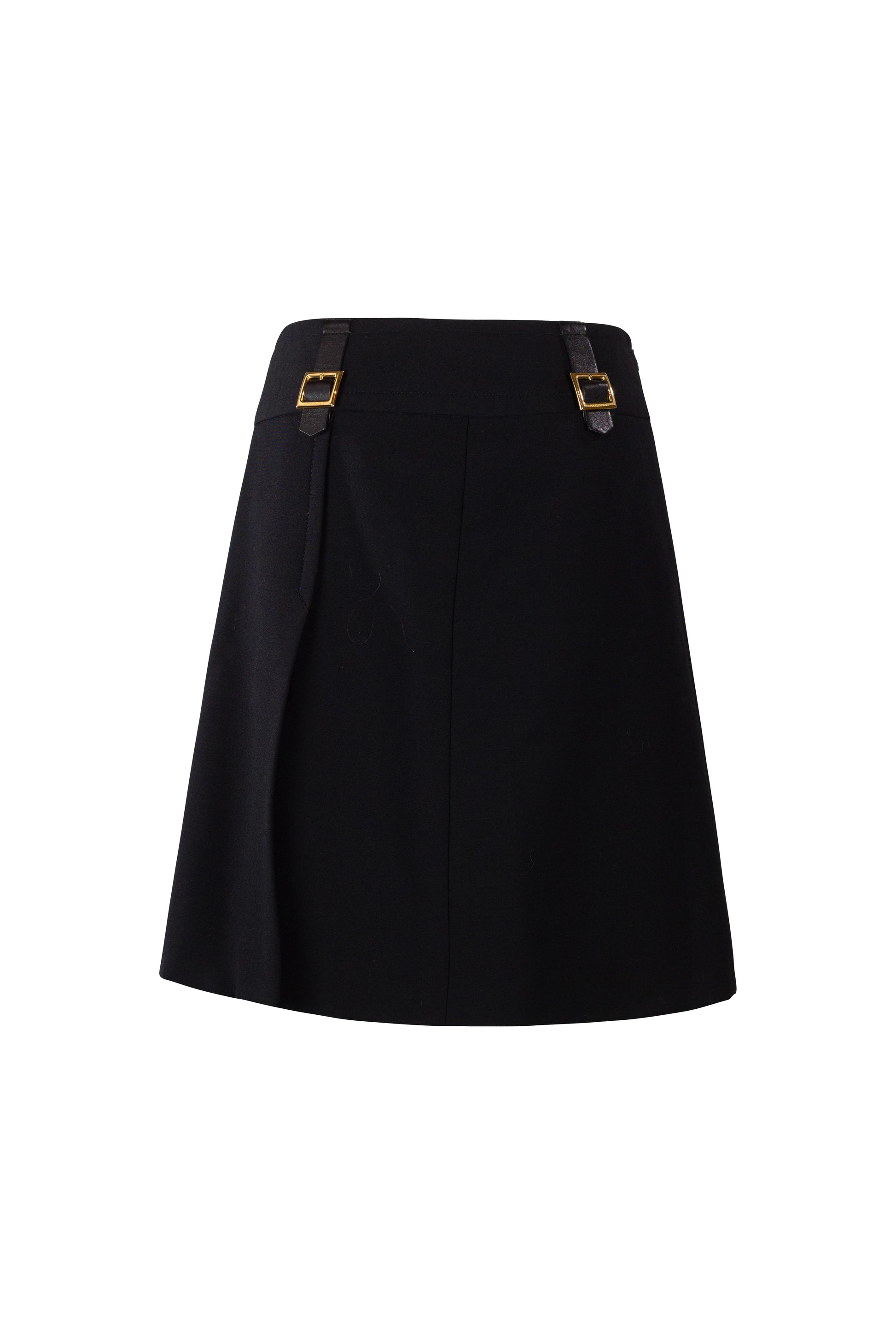 Black Wool A-Line Midi Skirt with Gold Buckle Detail