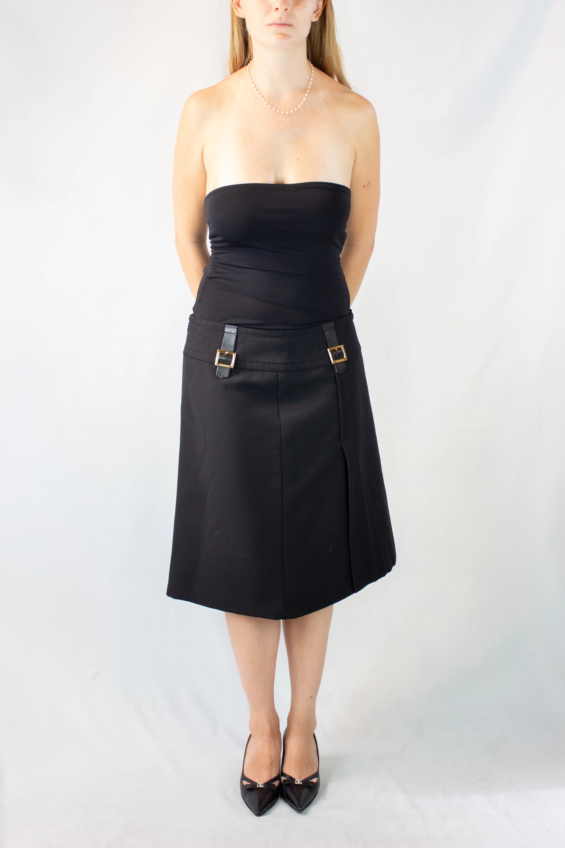 Black Wool A-Line Midi Skirt with Gold Buckle Detail