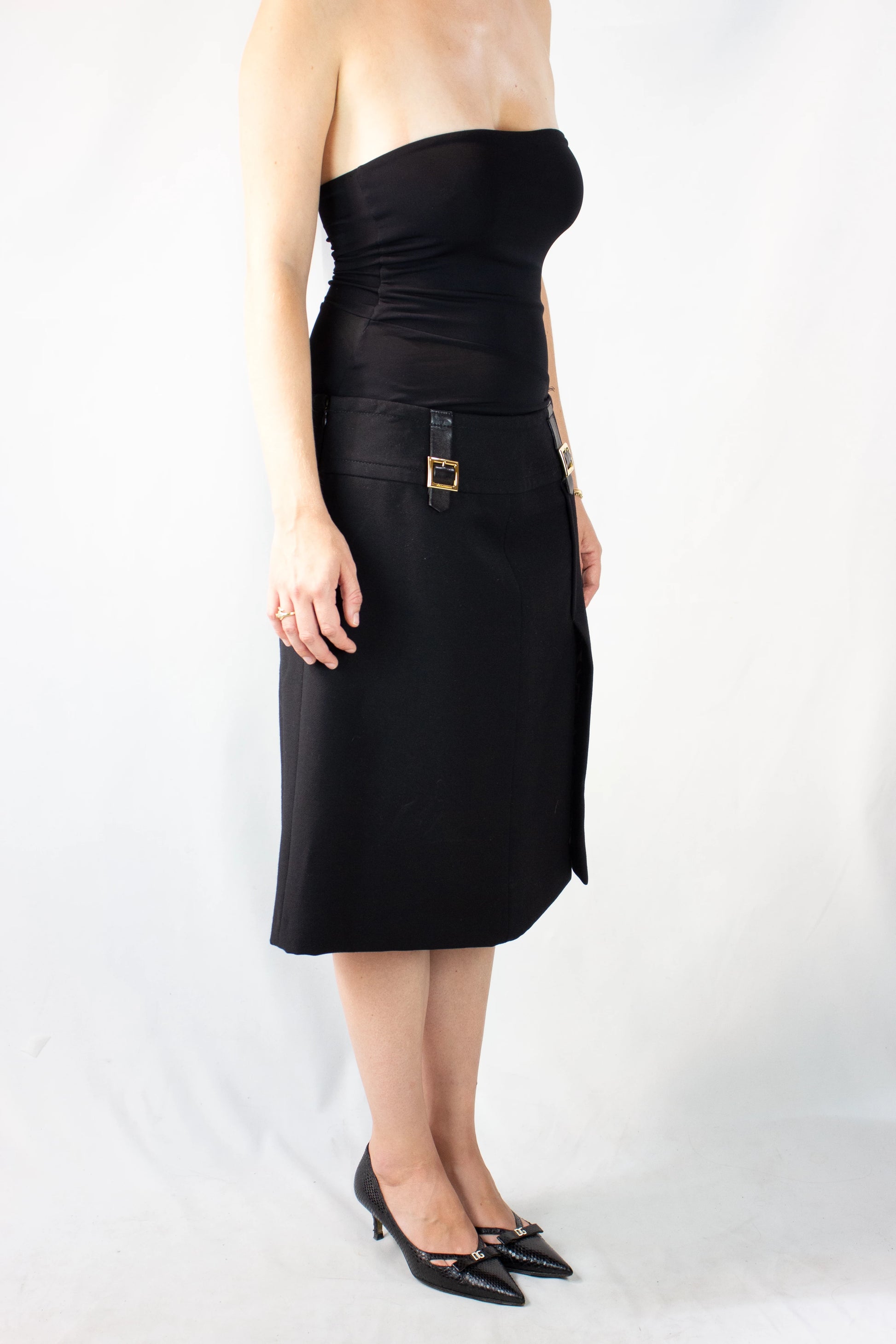Black Wool A-Line Midi Skirt with Gold Buckle Detail
