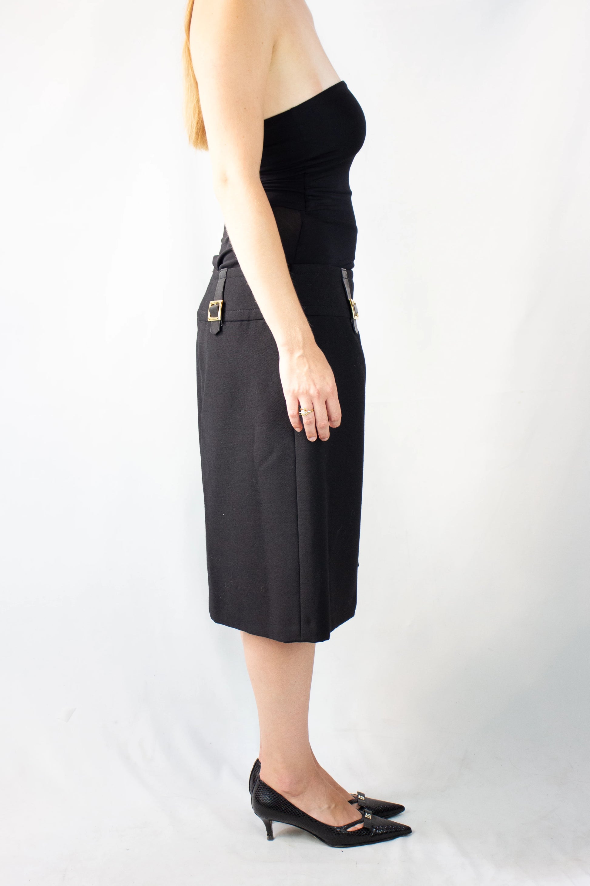 Black Wool A-Line Midi Skirt with Gold Buckle Detail