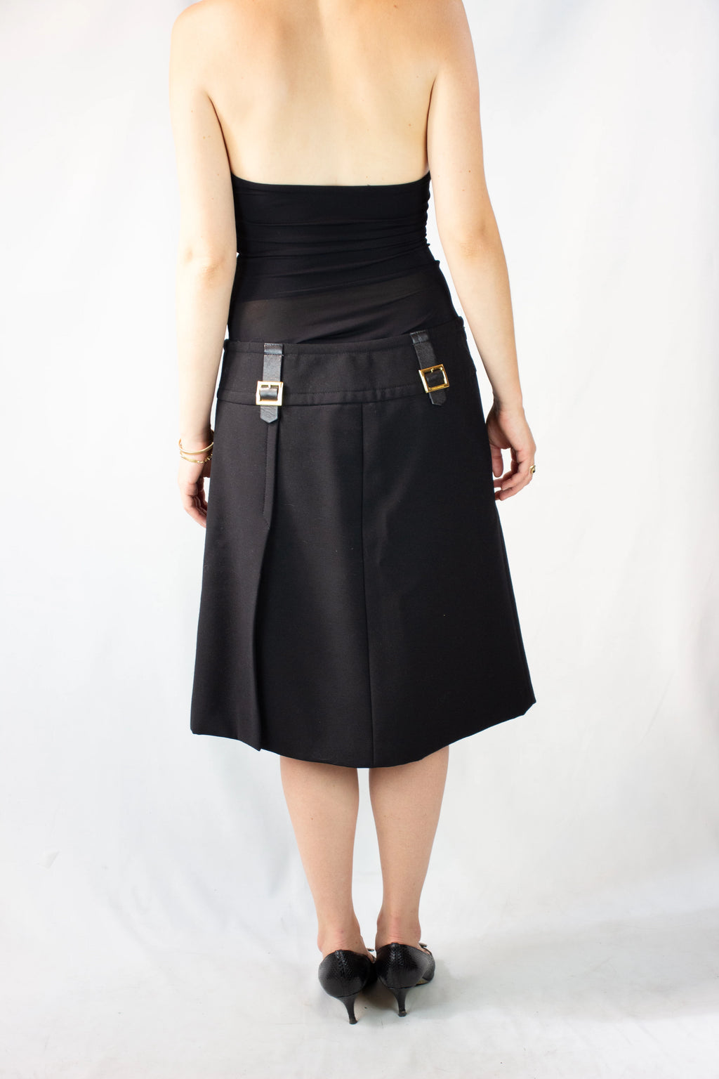 Black Wool A-Line Midi Skirt with Gold Buckle Detail