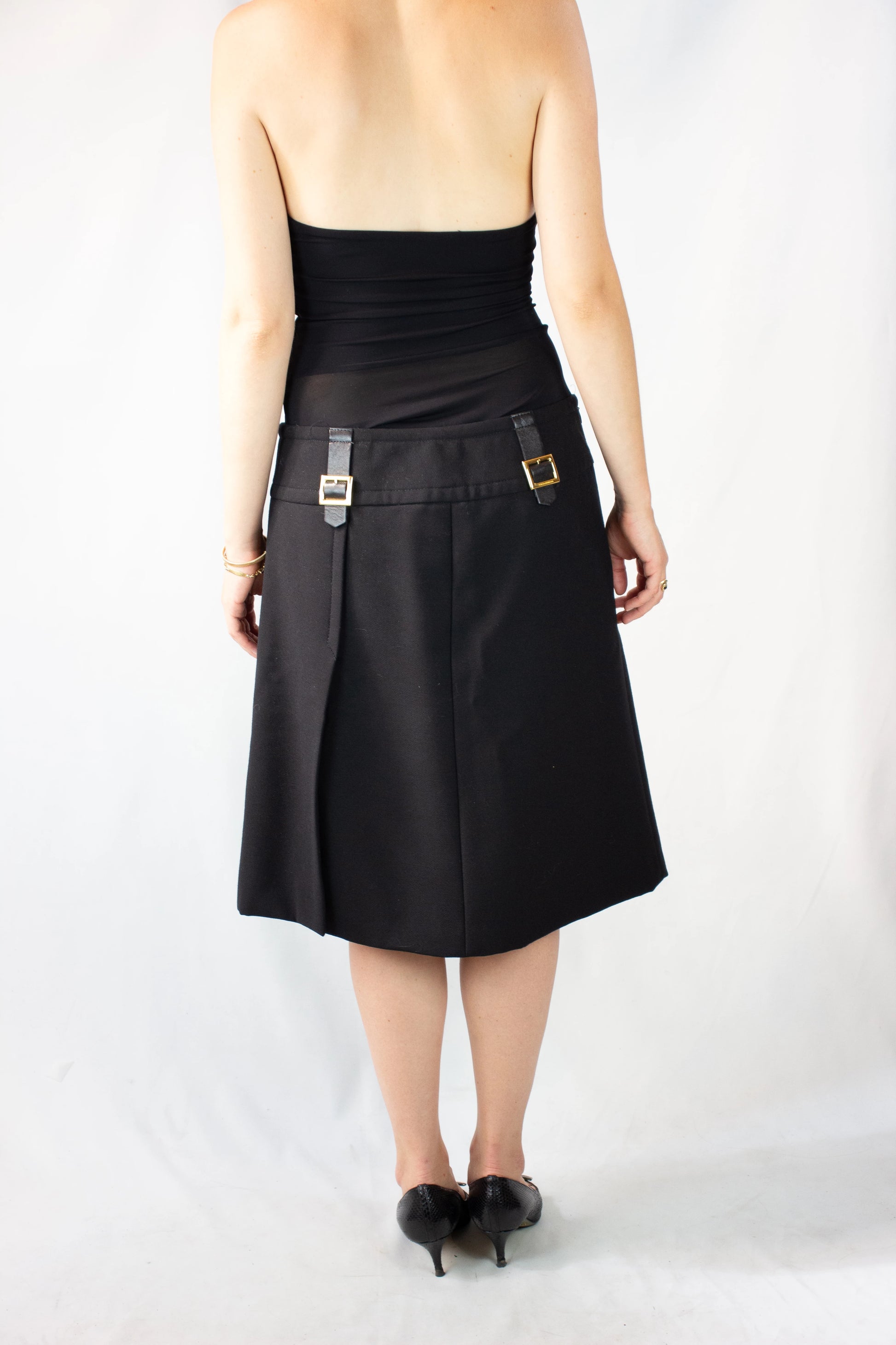 Black Wool A-Line Midi Skirt with Gold Buckle Detail