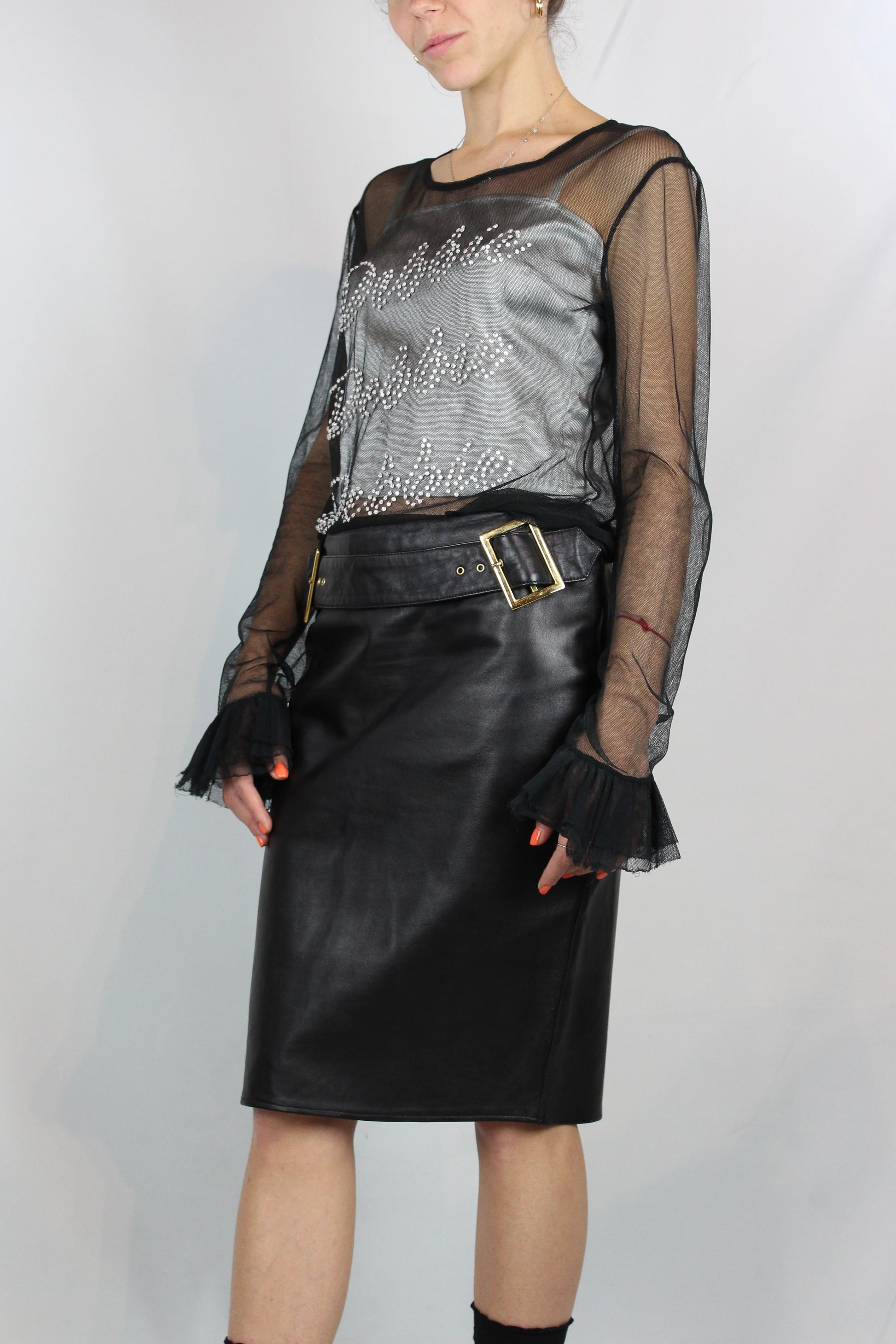 Black Tulle Top with Rhinestone Embellishments SS2001