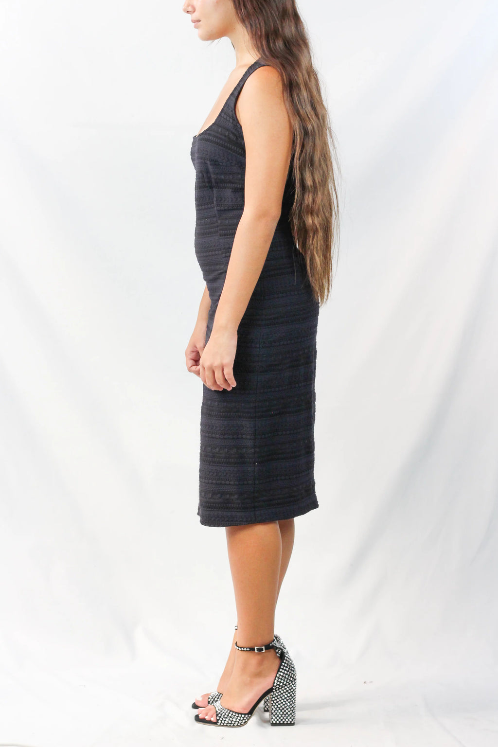 Navy Blue Textured Bodycon Midi Dress