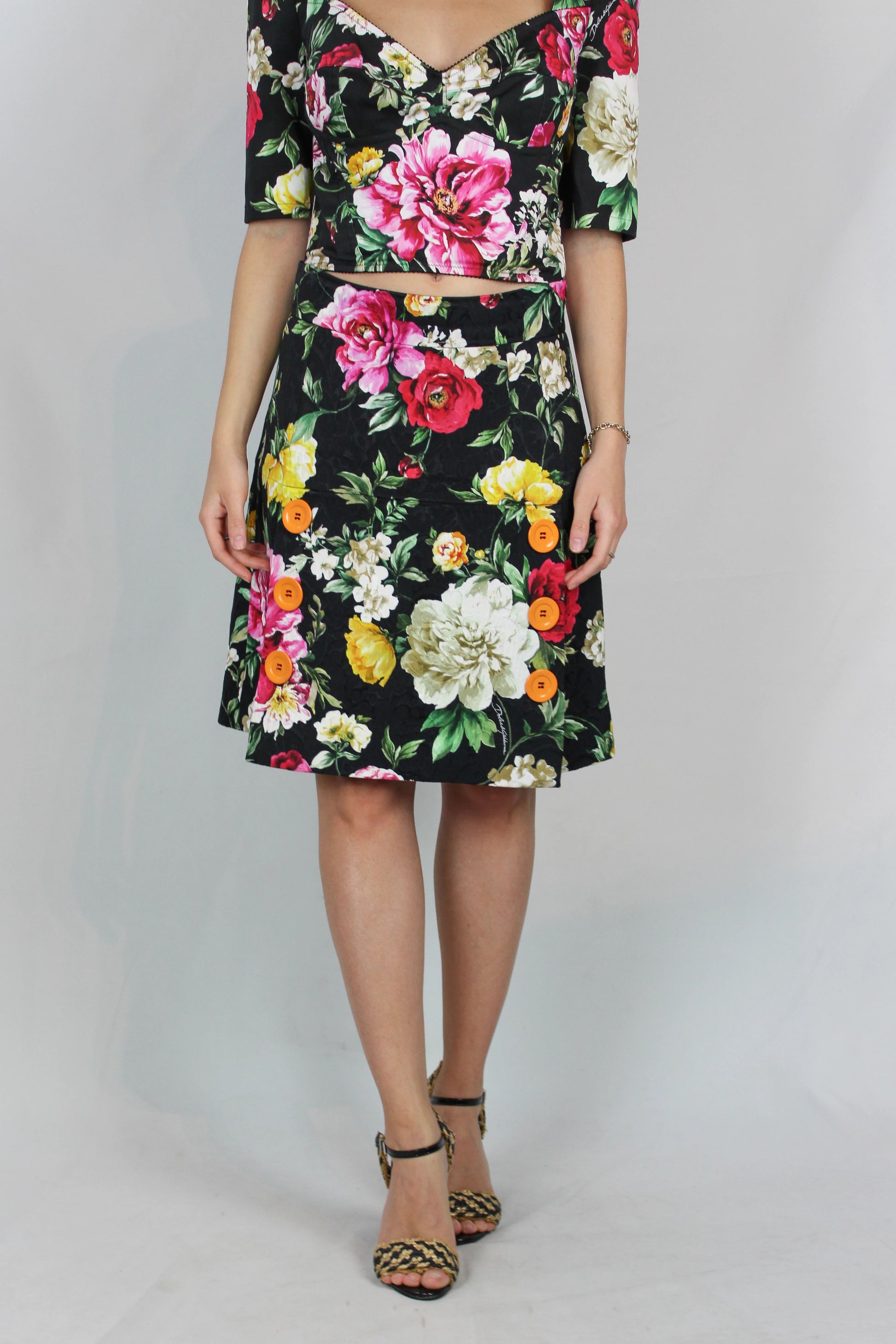 Floral Mini Skirt with Orange Button Detailing SS2018