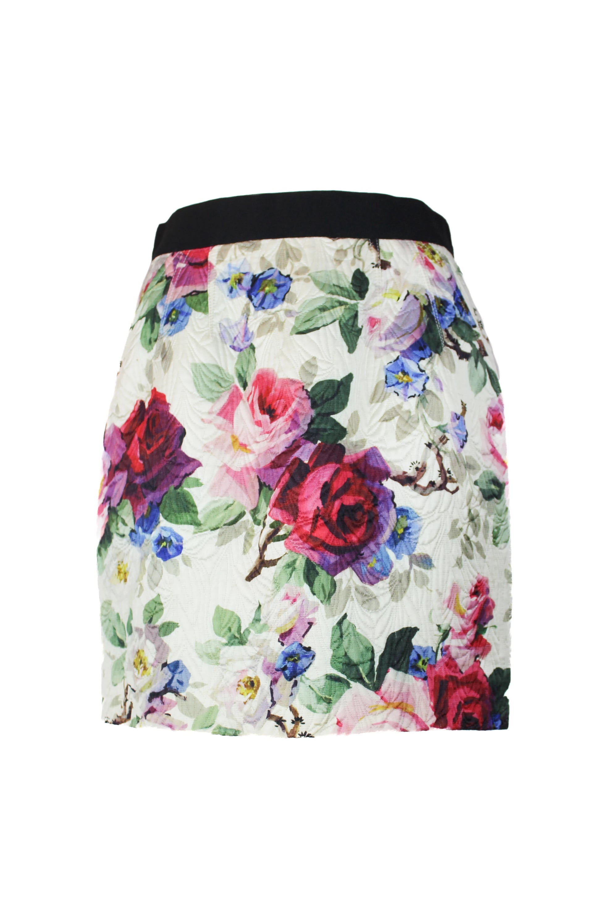 Floral mini skirt in silk wool blend with grosgrain waist
