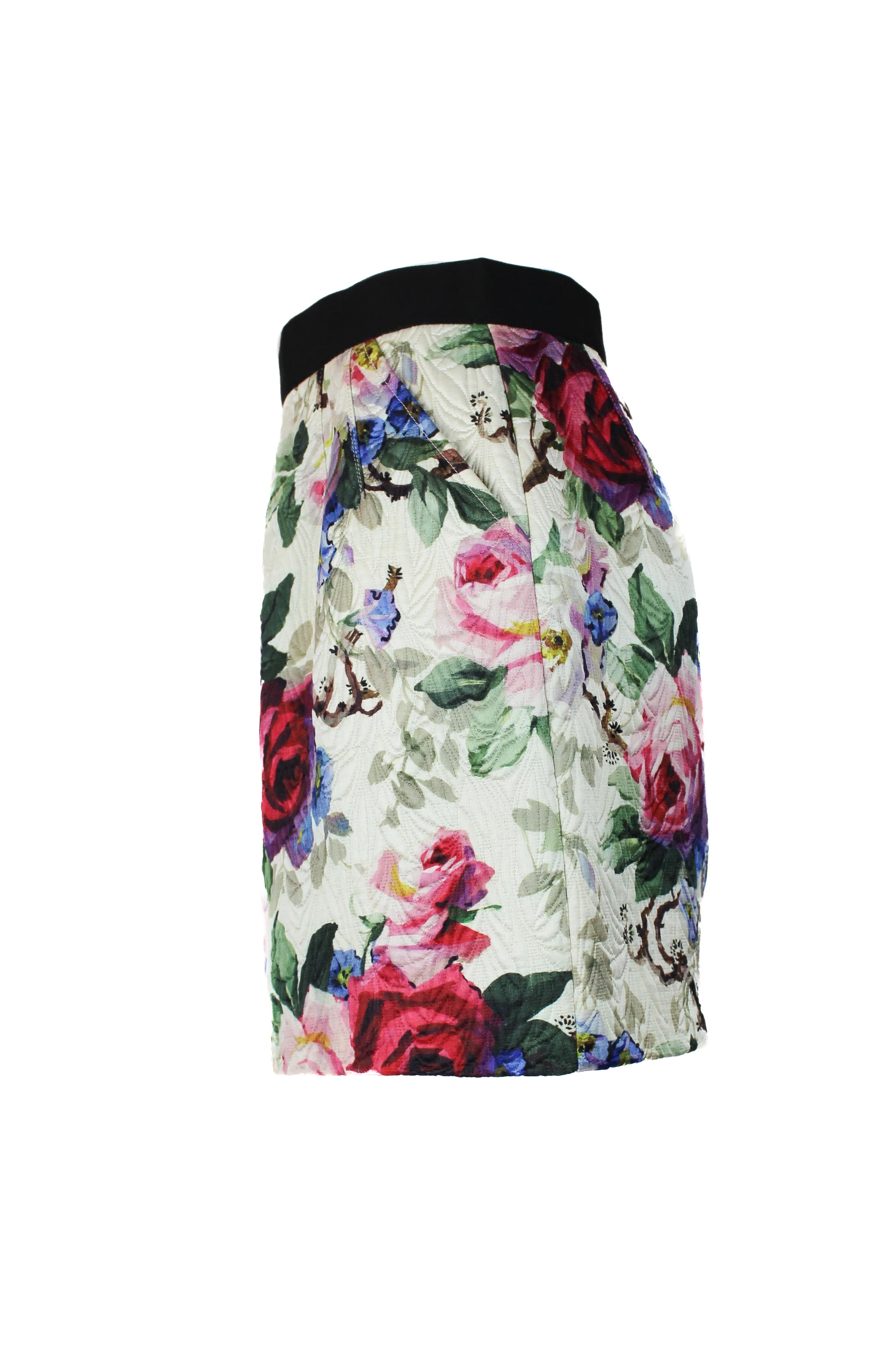 Floral mini skirt in silk wool blend with grosgrain waist