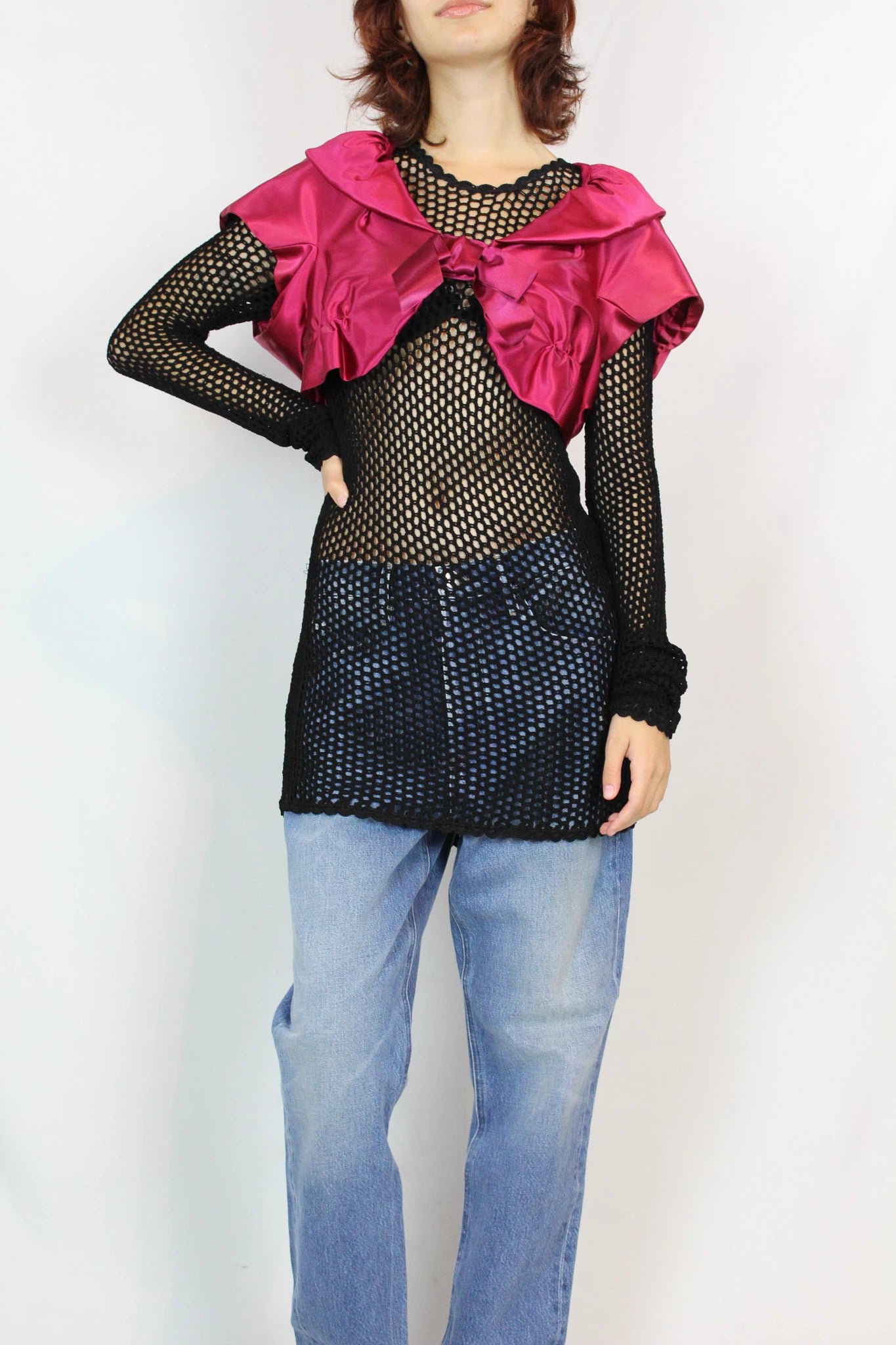 Fuchsia Satin Cropped Bolero with Ruffle Trim
