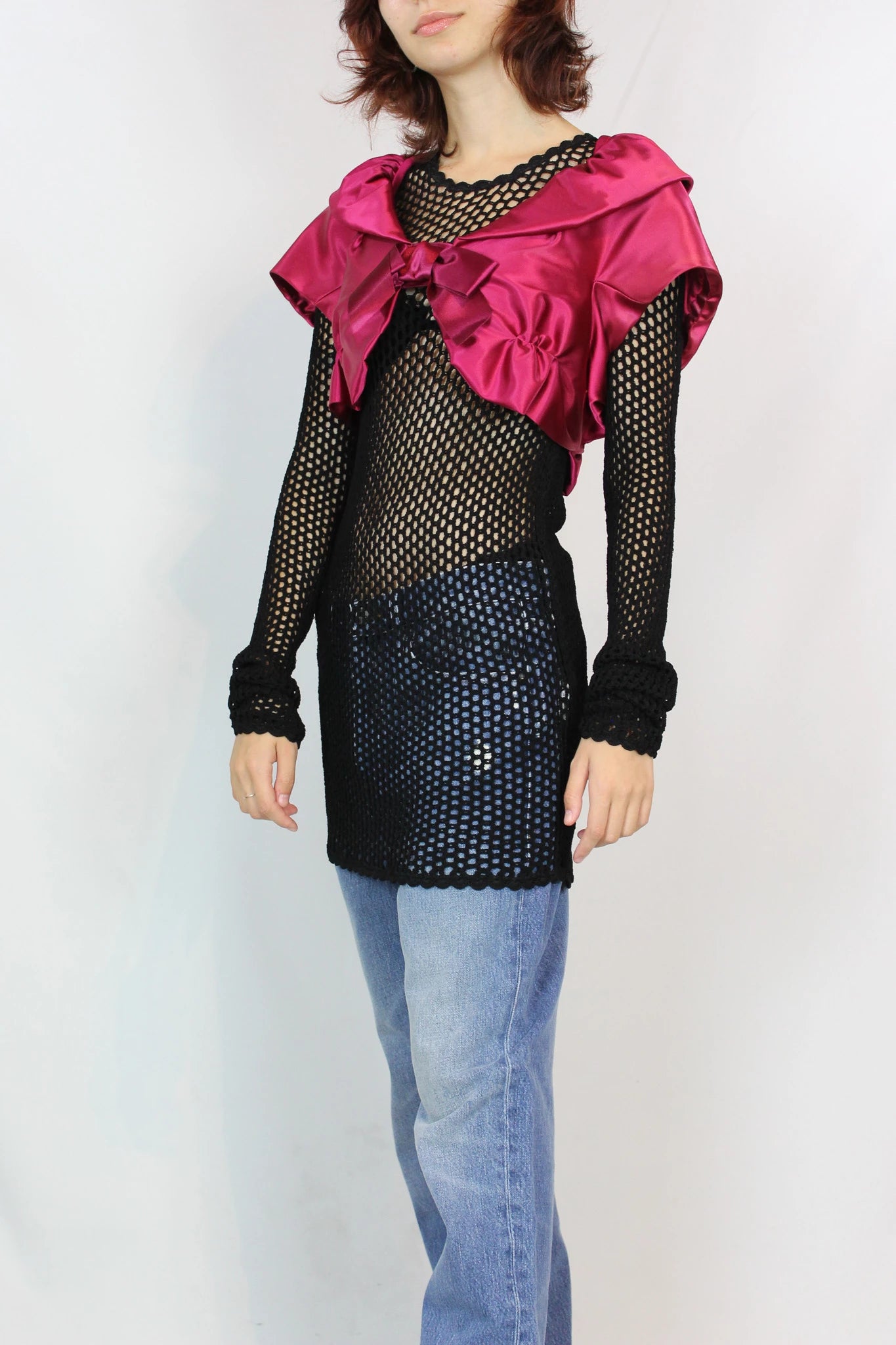 Fuchsia Satin Cropped Bolero with Ruffle Trim