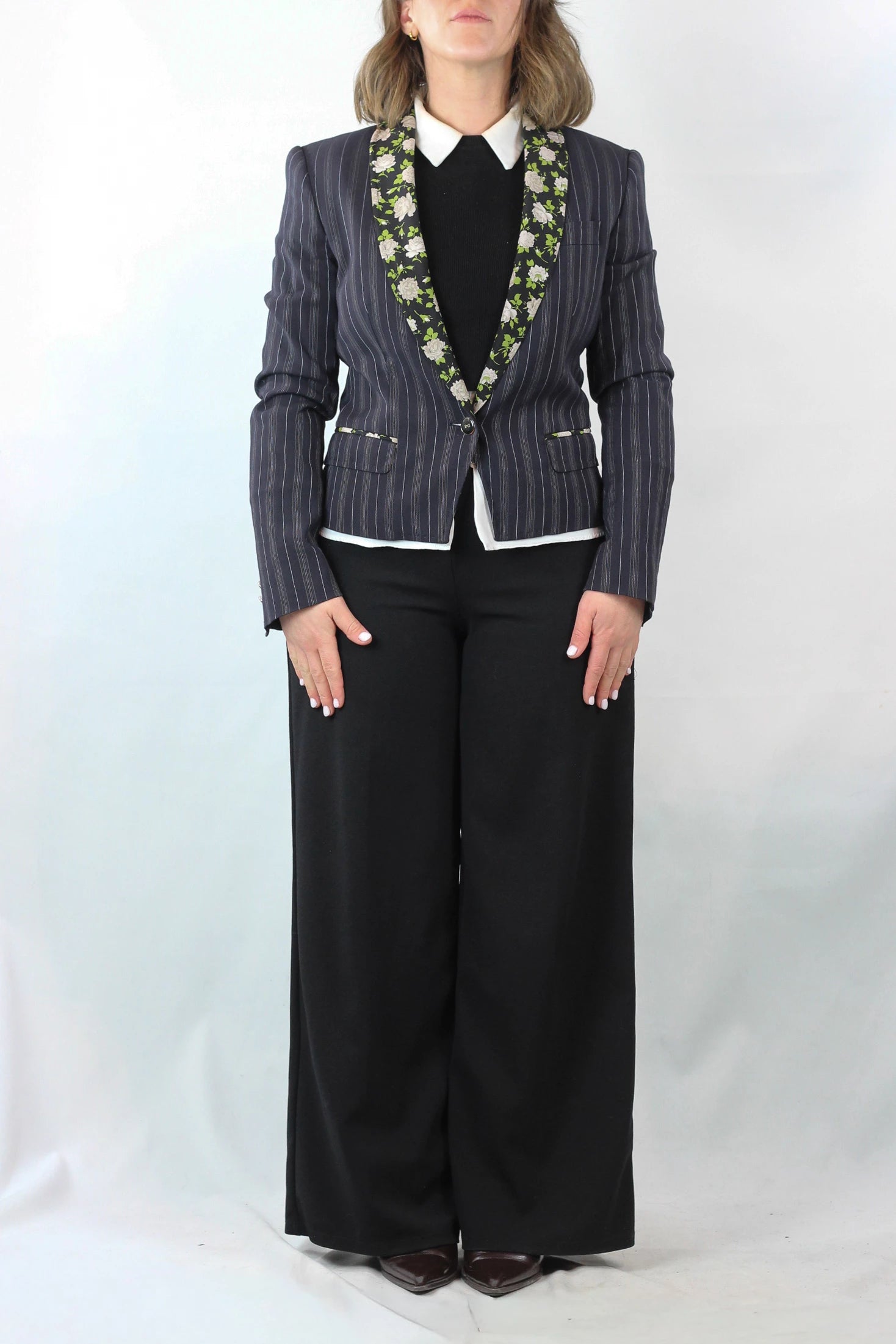 Striped Slim Blazer with Floral Silk Lapel